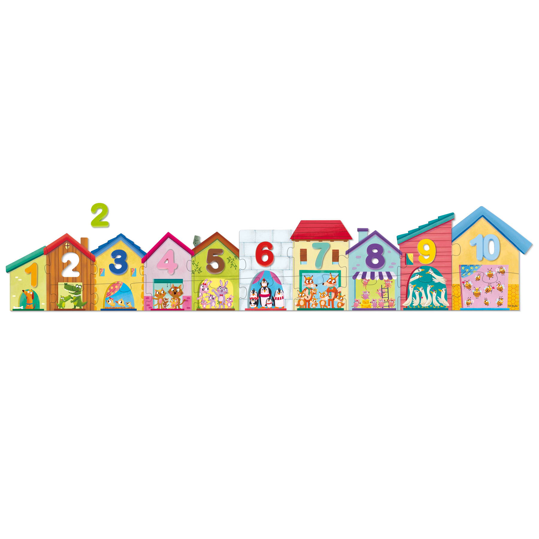 Puzzle z elementami w kształcie domków, numerowanymi od 1 do 10, z ilustracjami zwierząt i scen.