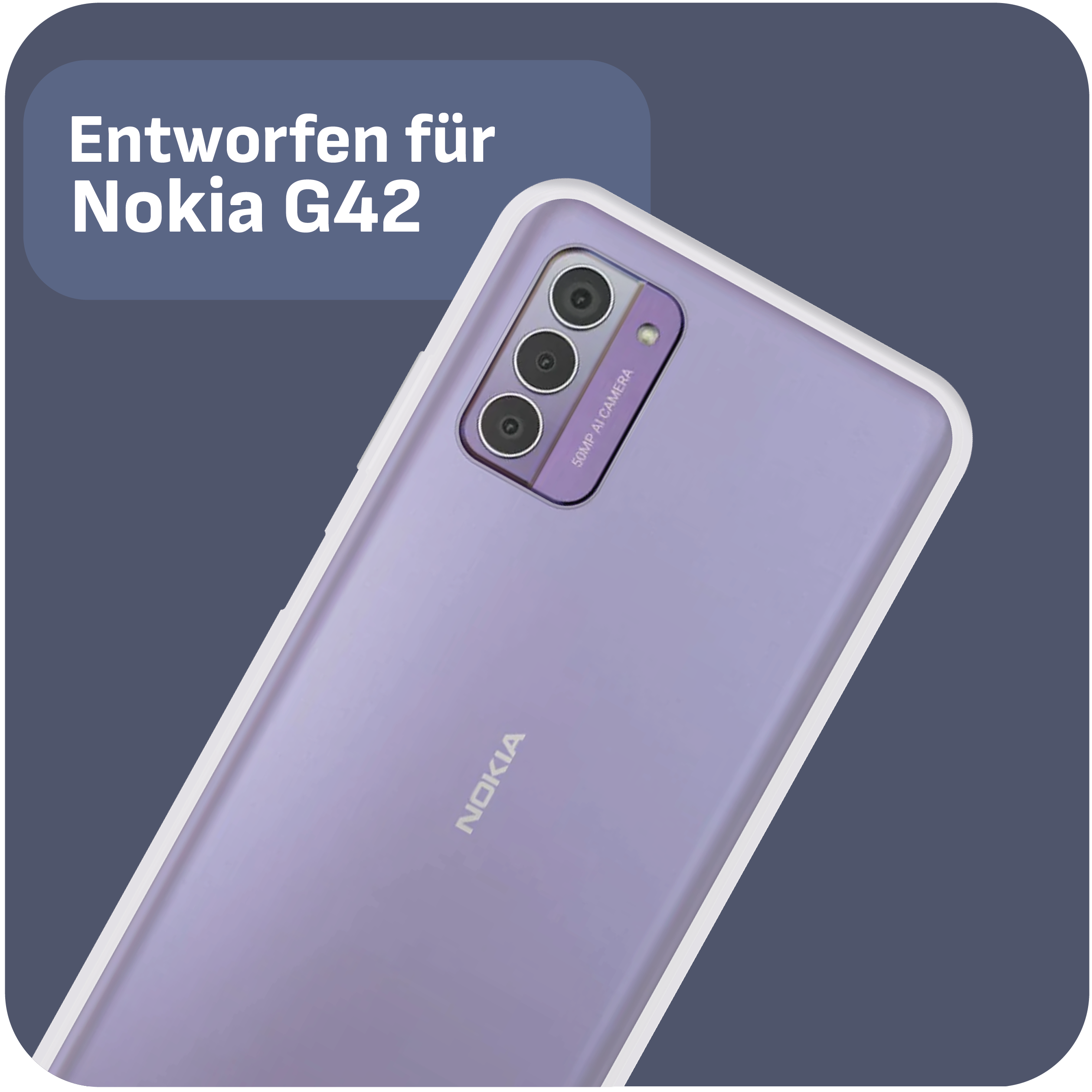 Ein lila Telefon mit Dreifachkamera-Setup auf dunklem Hintergrund mit Text.