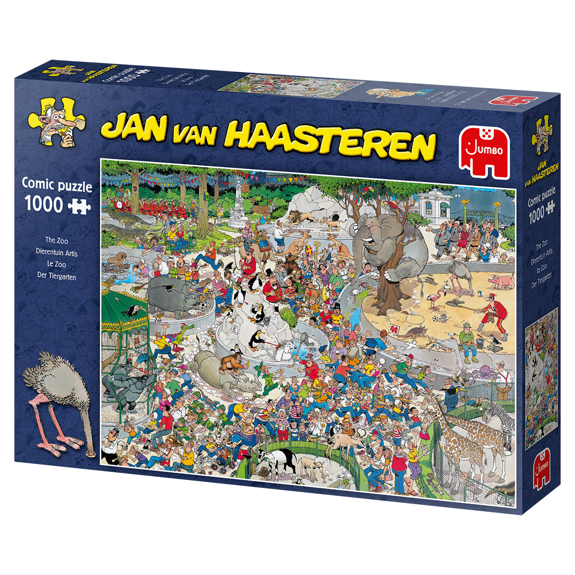 Pudełko z puzzlami: Jan van Haasteren, komiksowe puzzle 1000 elementów. Scena z zoo.