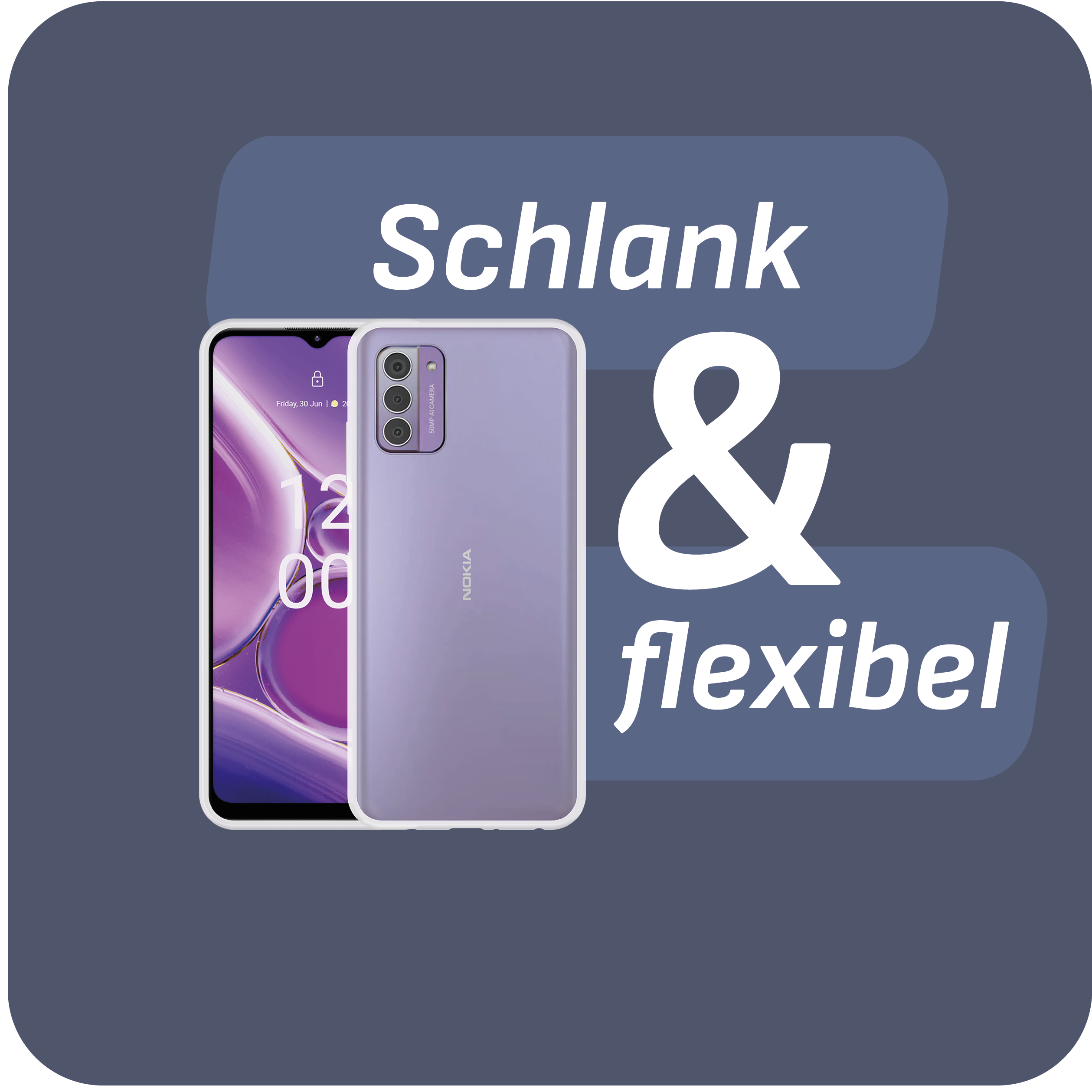Nokia-Telefon, lila, auf blauem Hintergrund mit weißem Text.