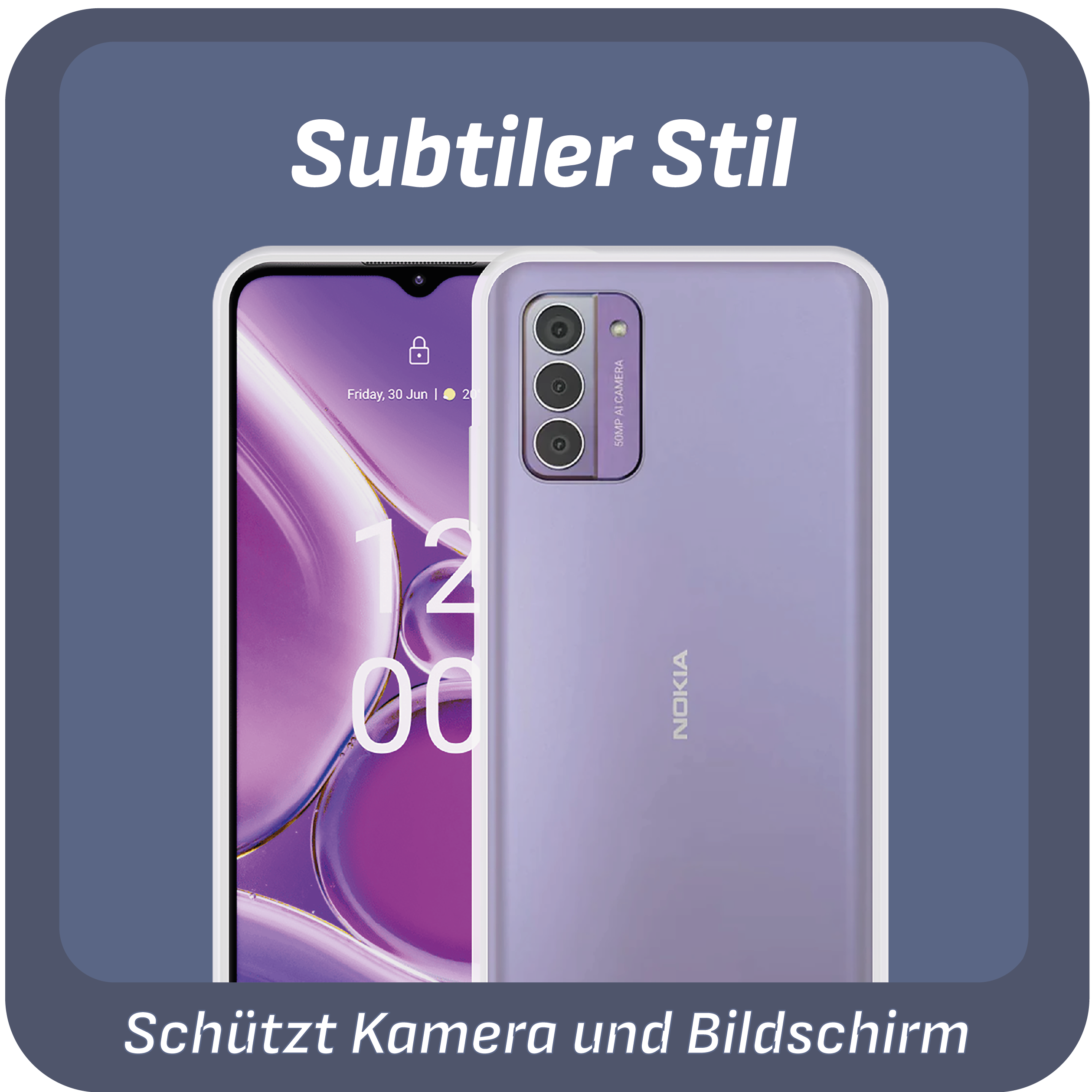 Lila Nokia-Telefon mit weißem Gehäuse, das Bildschirm und Rückseite auf blauem Hintergrund zeigt.