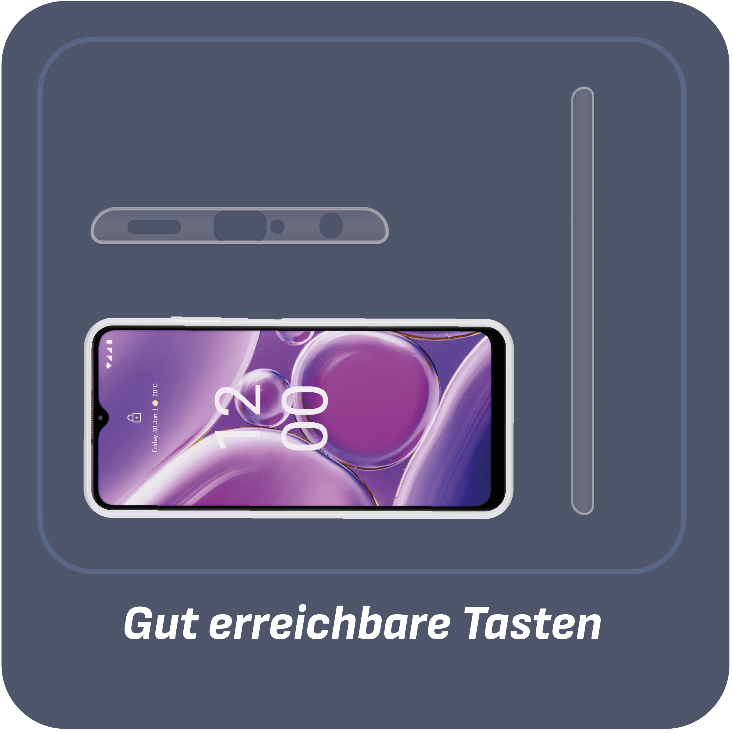 Telefon mit lila Design auf dunkelblauem Hintergrund. Eine Handyhülle und ein Stift sind sichtbar.