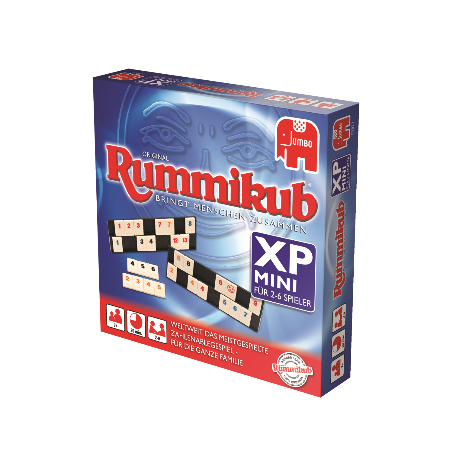Rummikub XP Mini Box. Die Box ist rot und weiß, mit den Spielsteinen sichtbar.