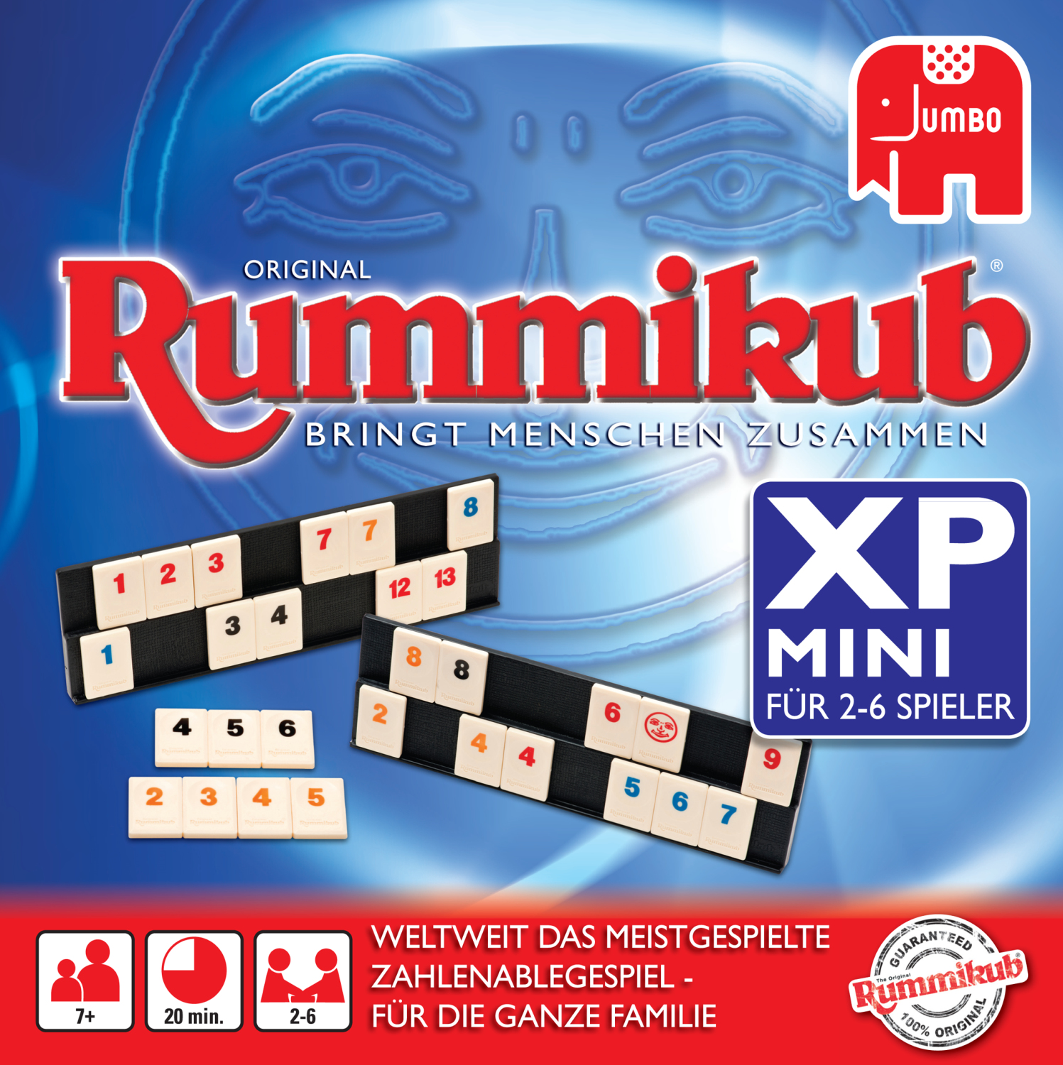 Rummikub-Spielbox mit Spielsteinen und Text, Werbung für das Spiel.