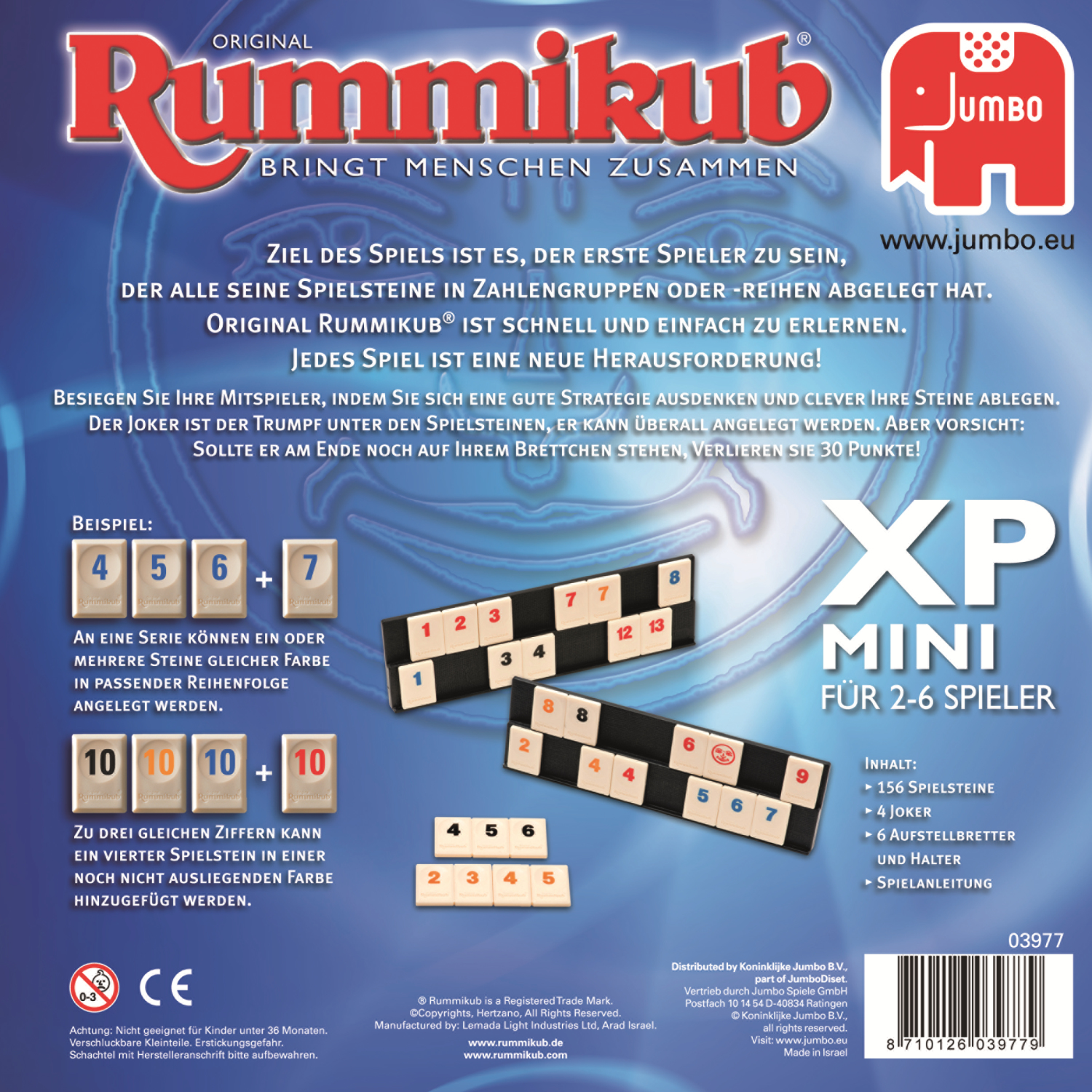 Die Rückseite einer Rummikub XP Mini Box. Es zeigt Spielsteine und Spielanweisungen.