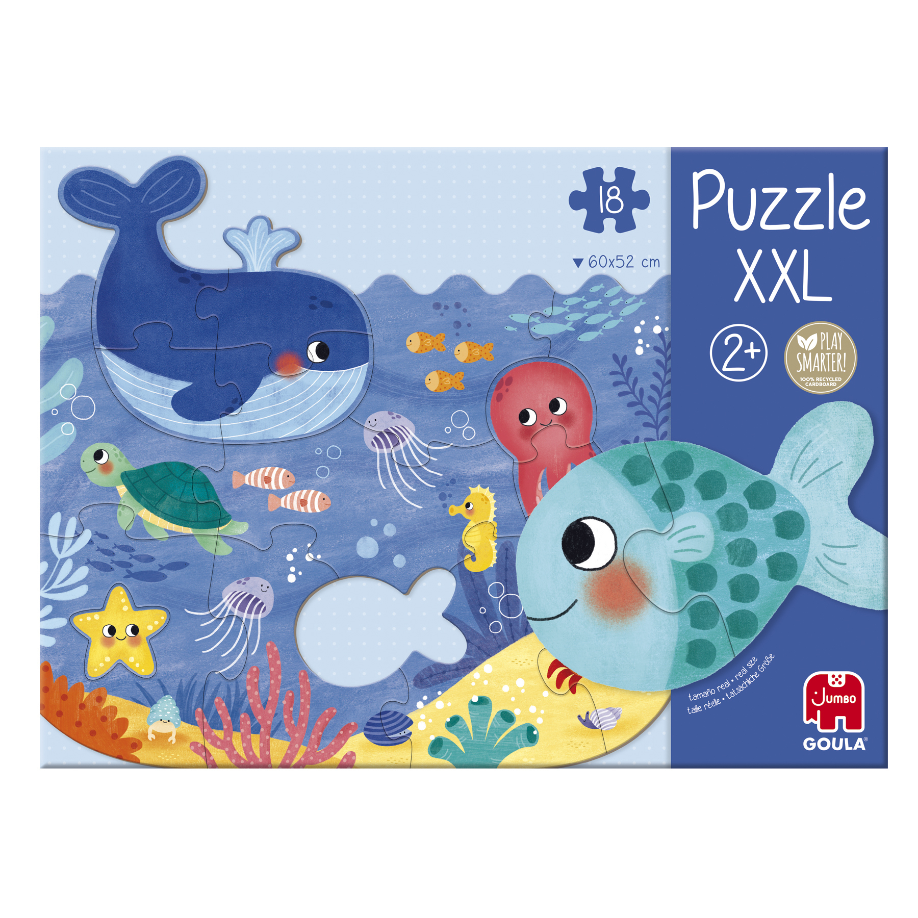 Puzzle z motywem oceanicznym. Zawiera wieloryba, ryby, żółwia morskiego, ośmiornicę i meduzy.