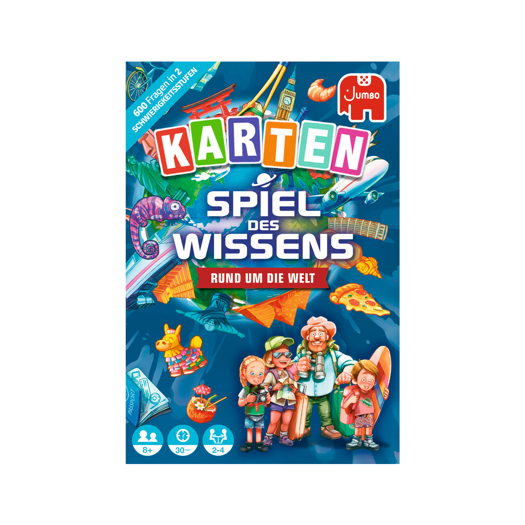 Boîte de jeu avec destinations de voyage. Illustrations de personnes et de monuments. Logo Jumbo.