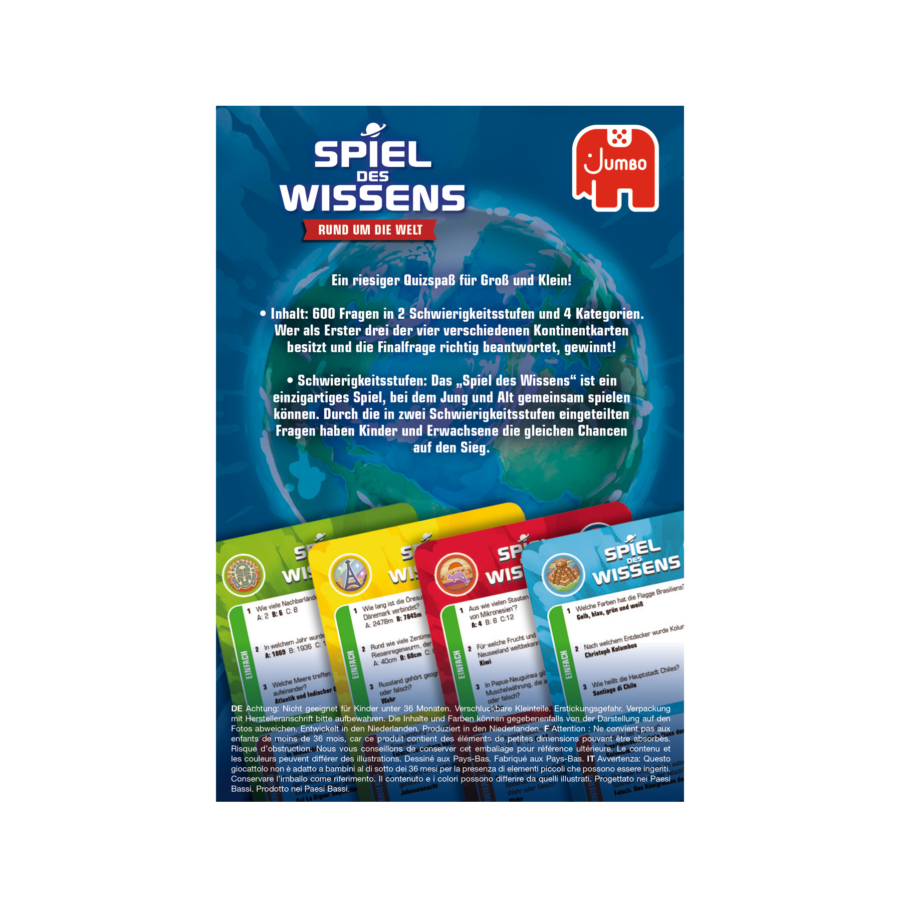 Une boîte de jeu avec des cartes. Les cartes contiennent des questions et le logo Jumbo est visible.