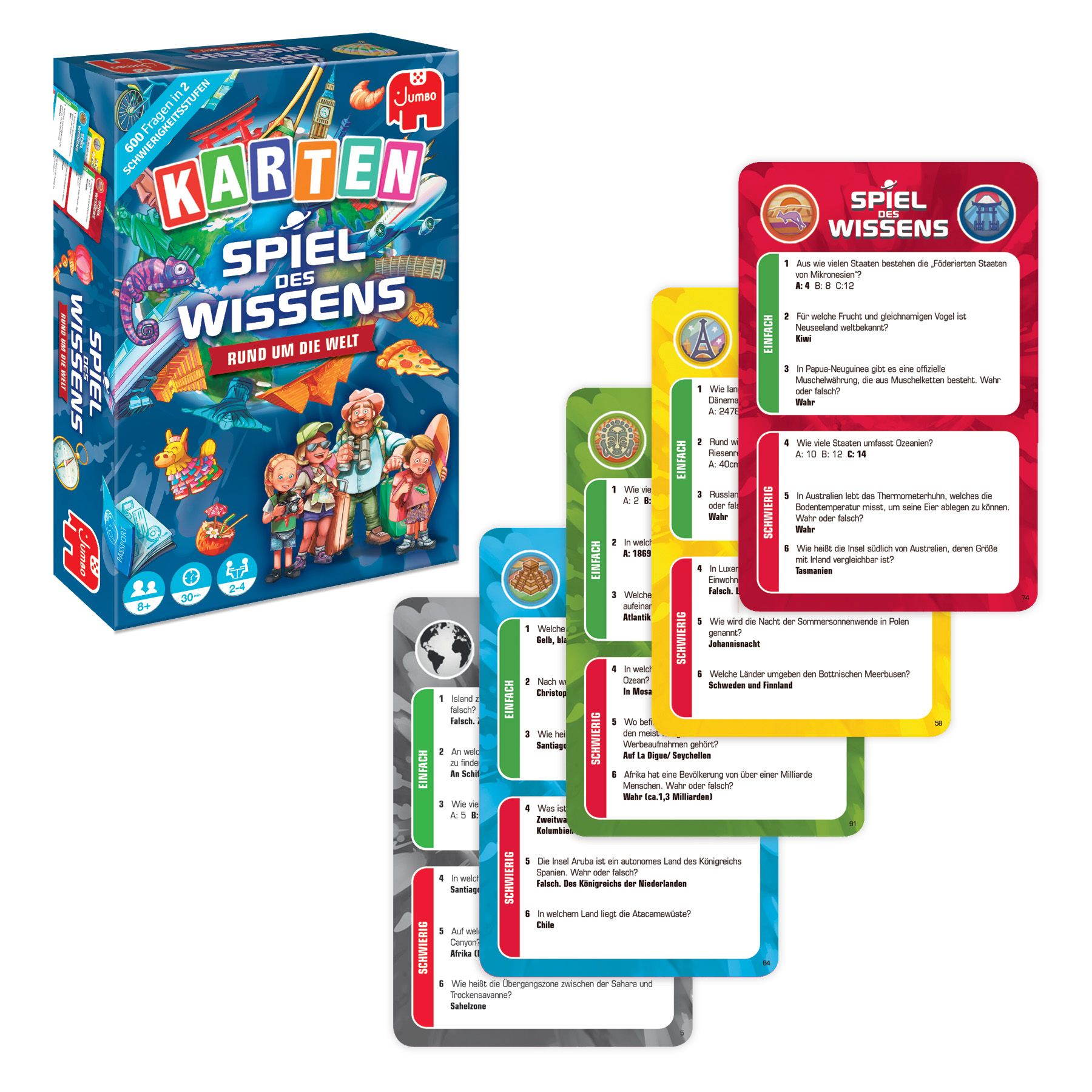 Une boîte de jeu avec des cartes. Cartes avec questions et illustrations. Logo Jumbo visible.