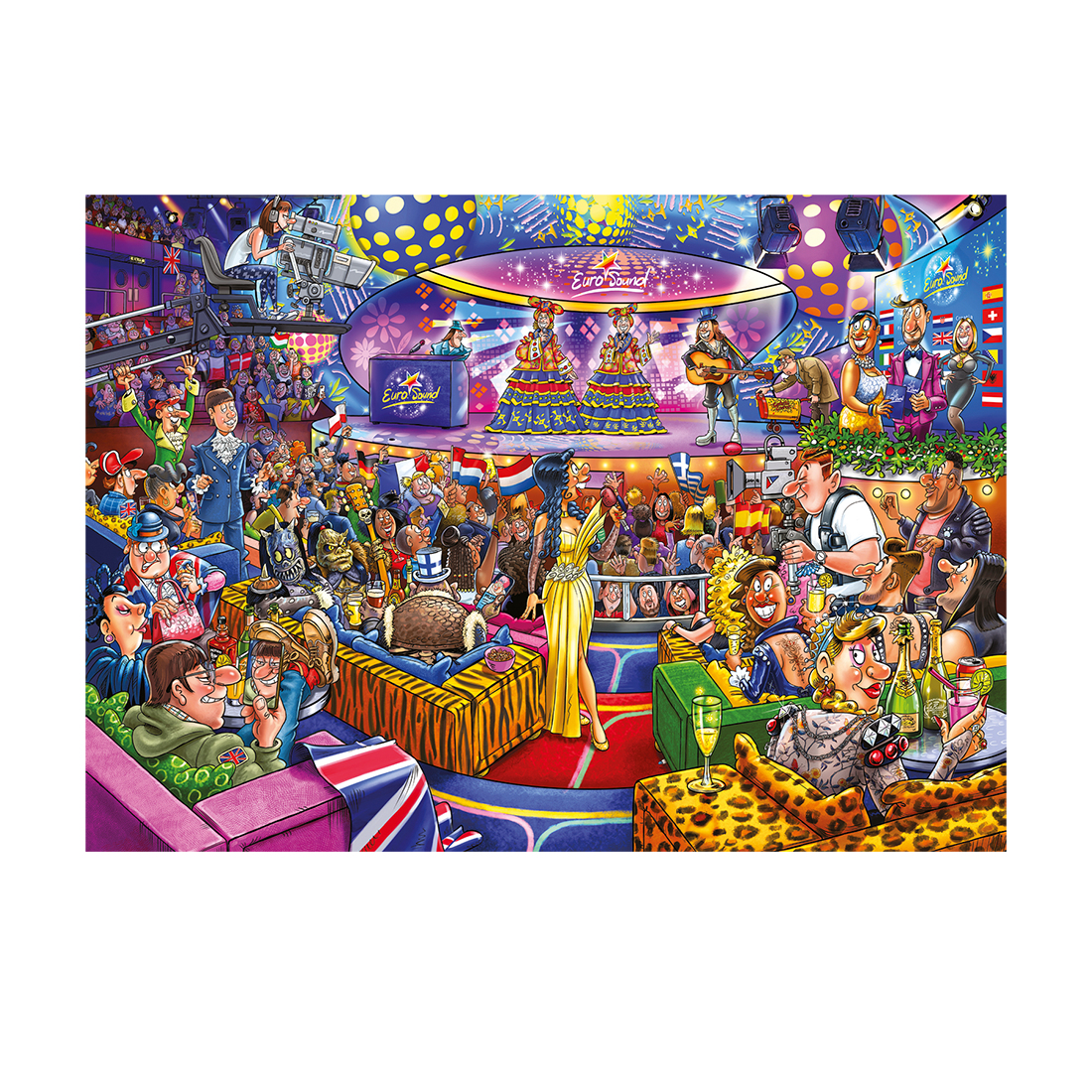 Kolorowa układanka przedstawiająca show na scenie z tłumem ludzi, wykonawcami i ekipą kamery.