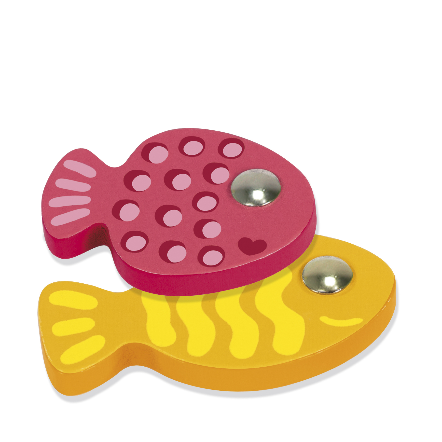 Dwie drewniane zabawki w kształcie ryb, jedna czerwona i jedna żółta, są ułożone razem.