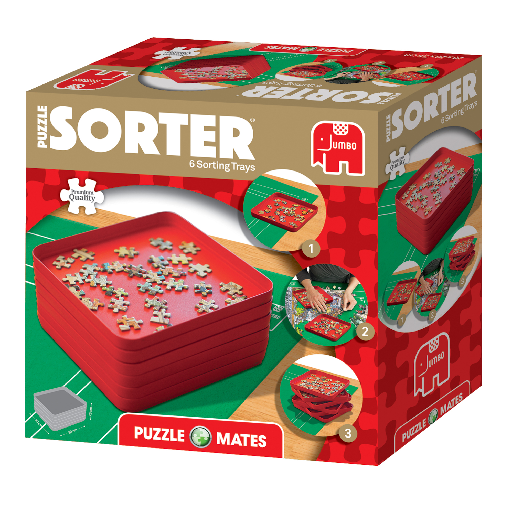 Pudełko z tacami do sortowania puzzli, tace są czerwone i pokazują na nich elementy układanki.