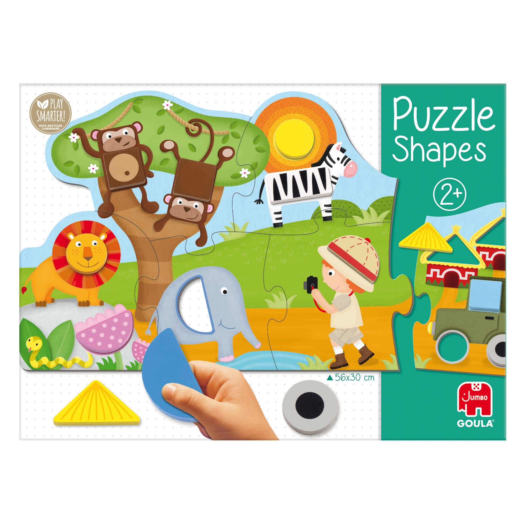 Kształty puzzli: Małpy, zebra, lew, słoń i chłopiec z aparatem, ze sceną dżungli.