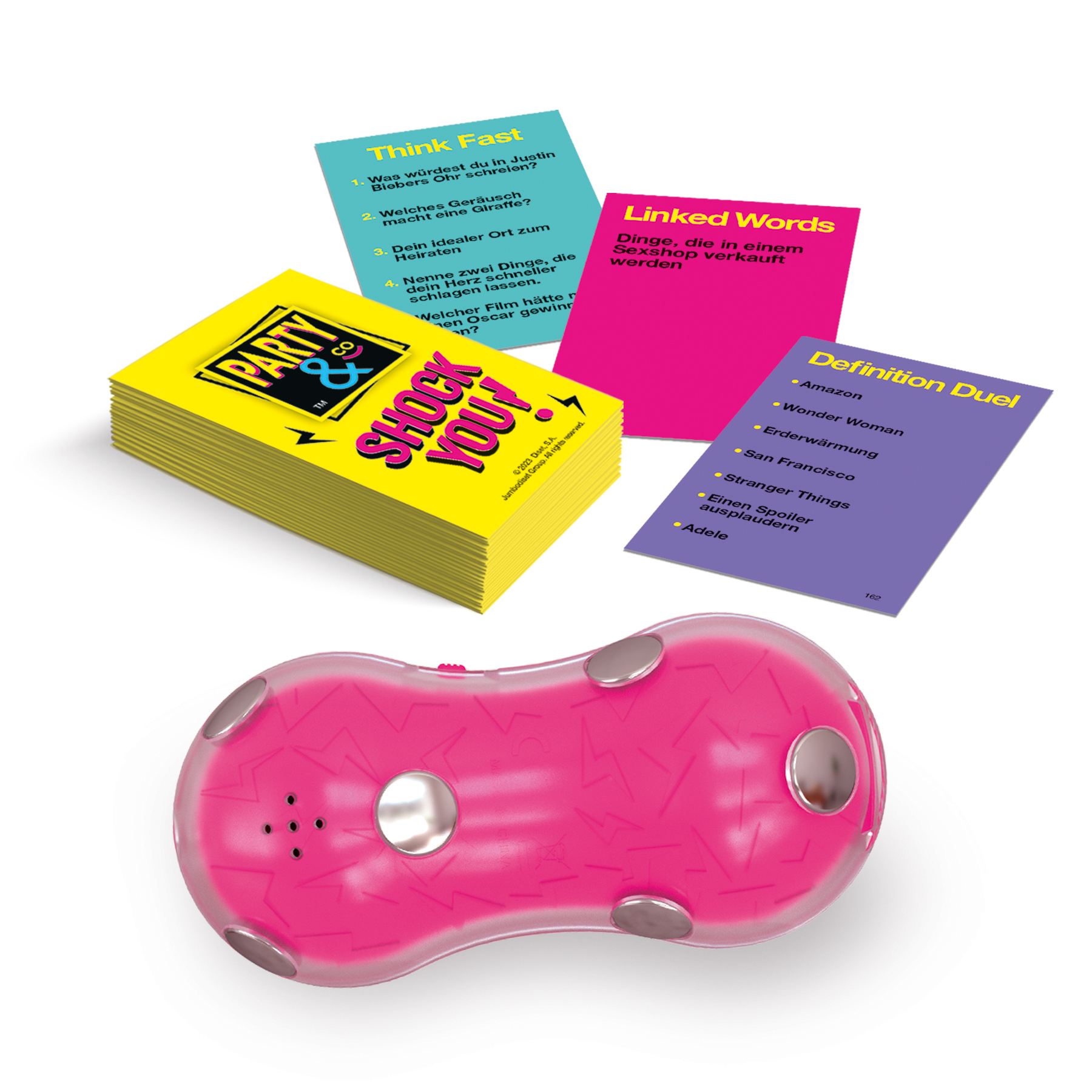 Carte da gioco e dispositivo ovale rosa con bottoni argentati. Le carte hanno parole e domande di quiz.