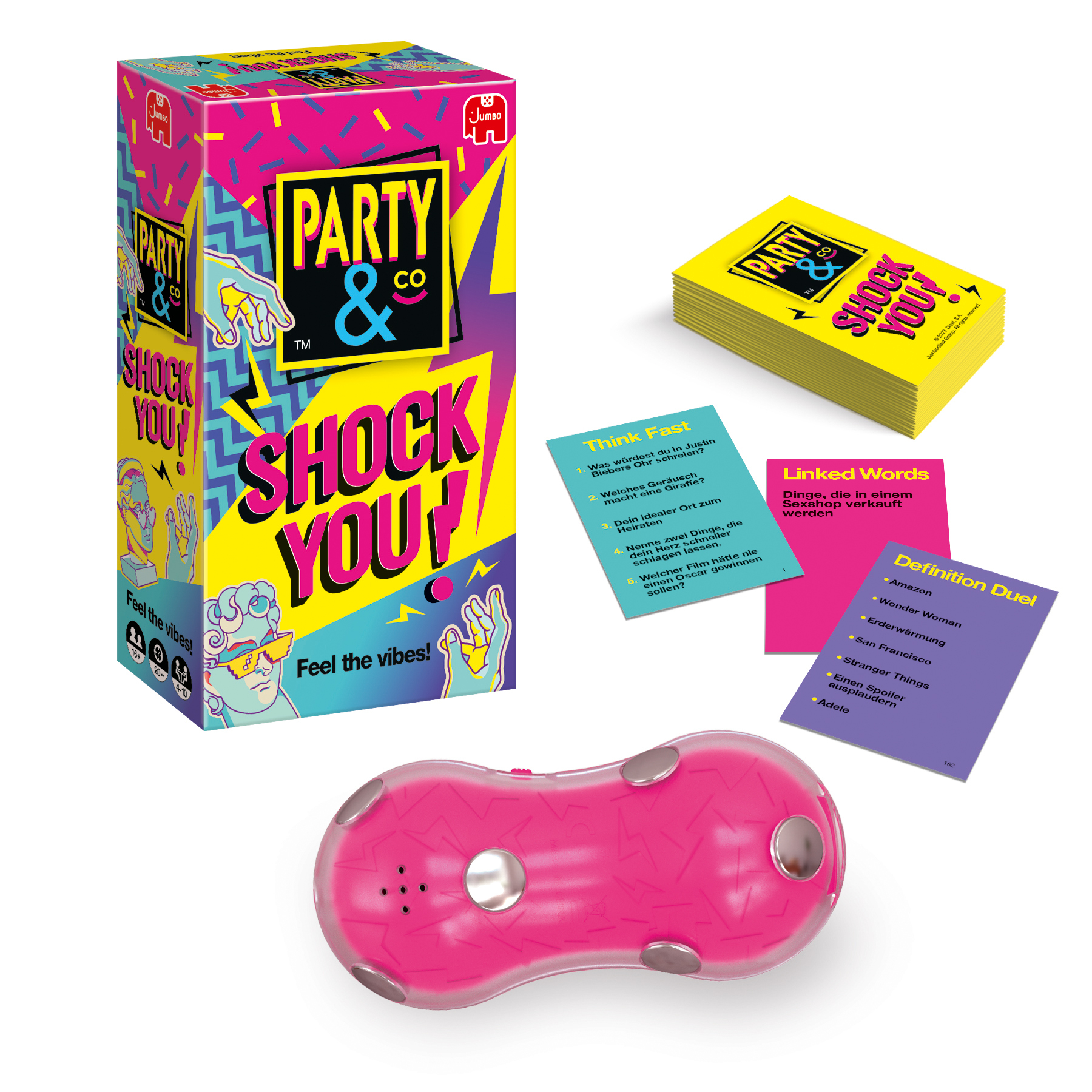 Scatola del gioco da tavolo Party & Co., carte e un cicalino elettronico rosa su una superficie bianca.
