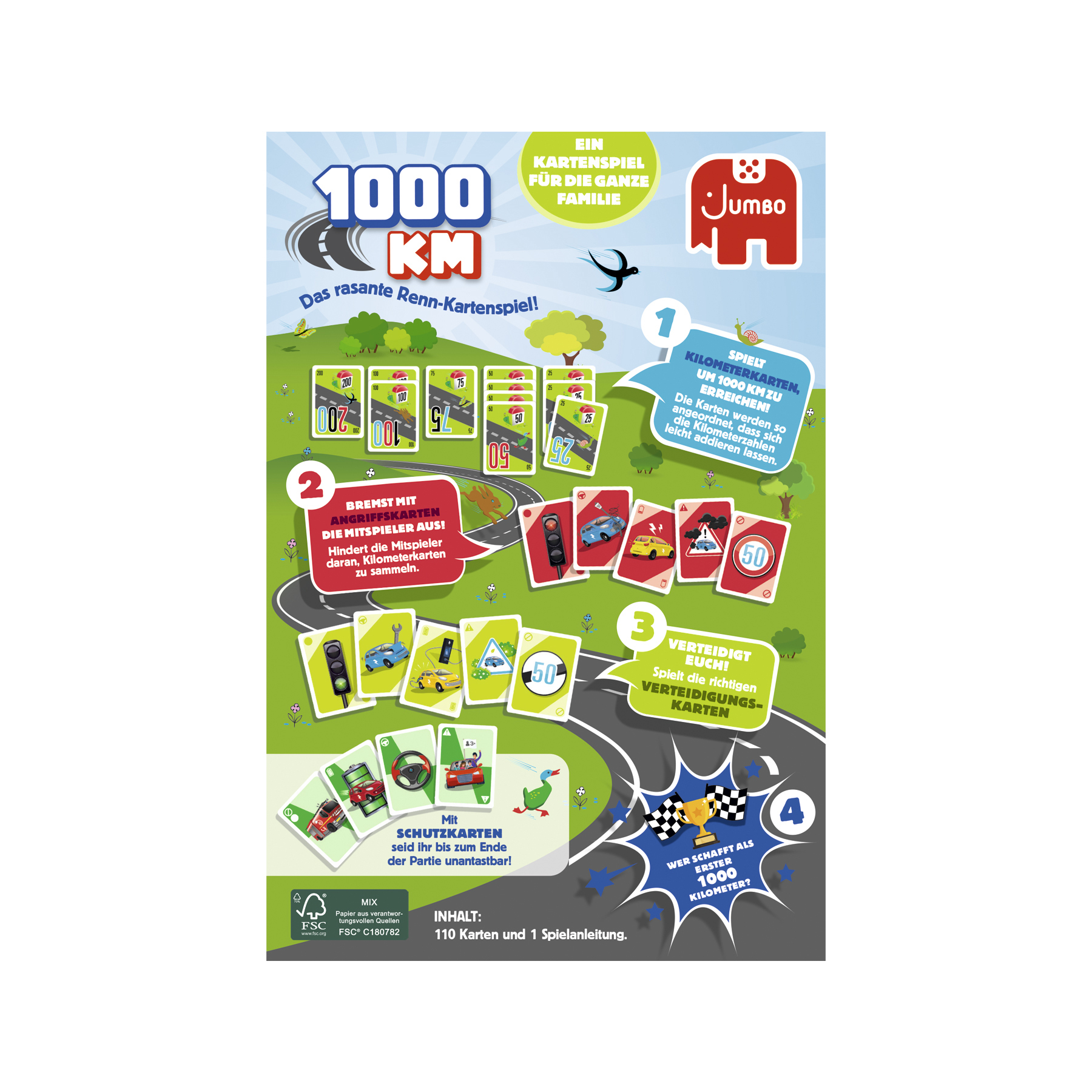 Una scatola di gioco da tavolo con carte e istruzioni. Il gioco è 1000 KM, un gioco di corse per la famiglia.