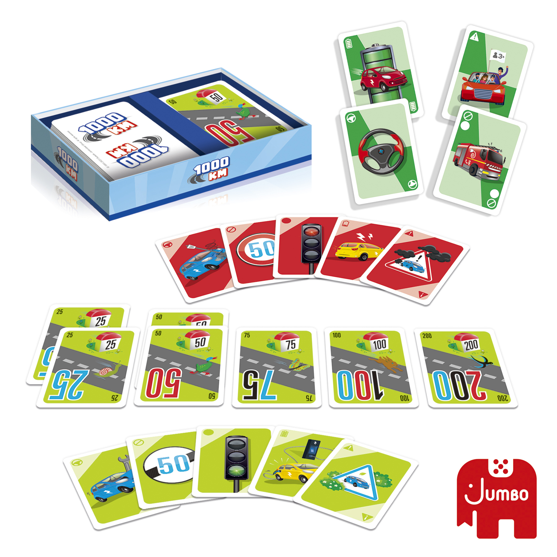 Vengono mostrate carte di un gioco da tavolo, con varie carte che mostrano segnali stradali, auto e numeri.