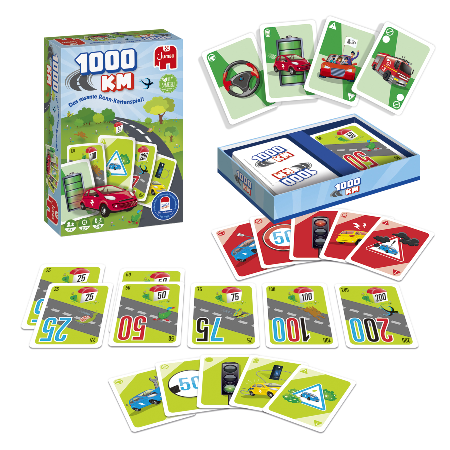 Gioco di carte in scatola con carte sparse. Le carte mostrano immagini di auto, segnali stradali e numeri.