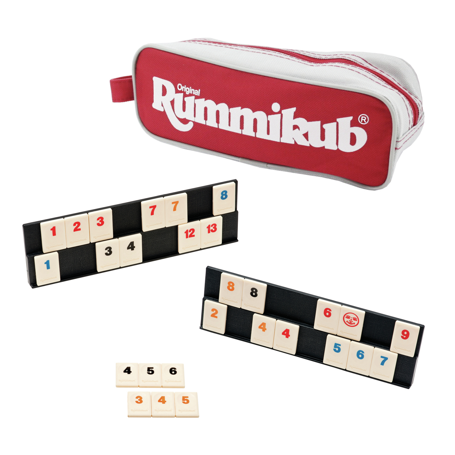 Rummikub Spielset, mit Spielsteinen auf Ständern und losen Steinen, zusammen mit einem roten Etui.