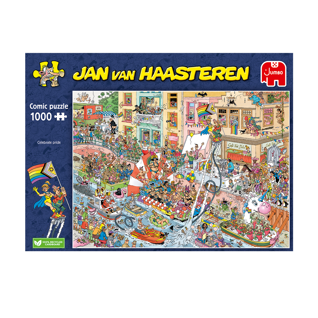 Una scatola di puzzle Jan Van Haasteren. Il puzzle raffigura una scena della parata del Pride.