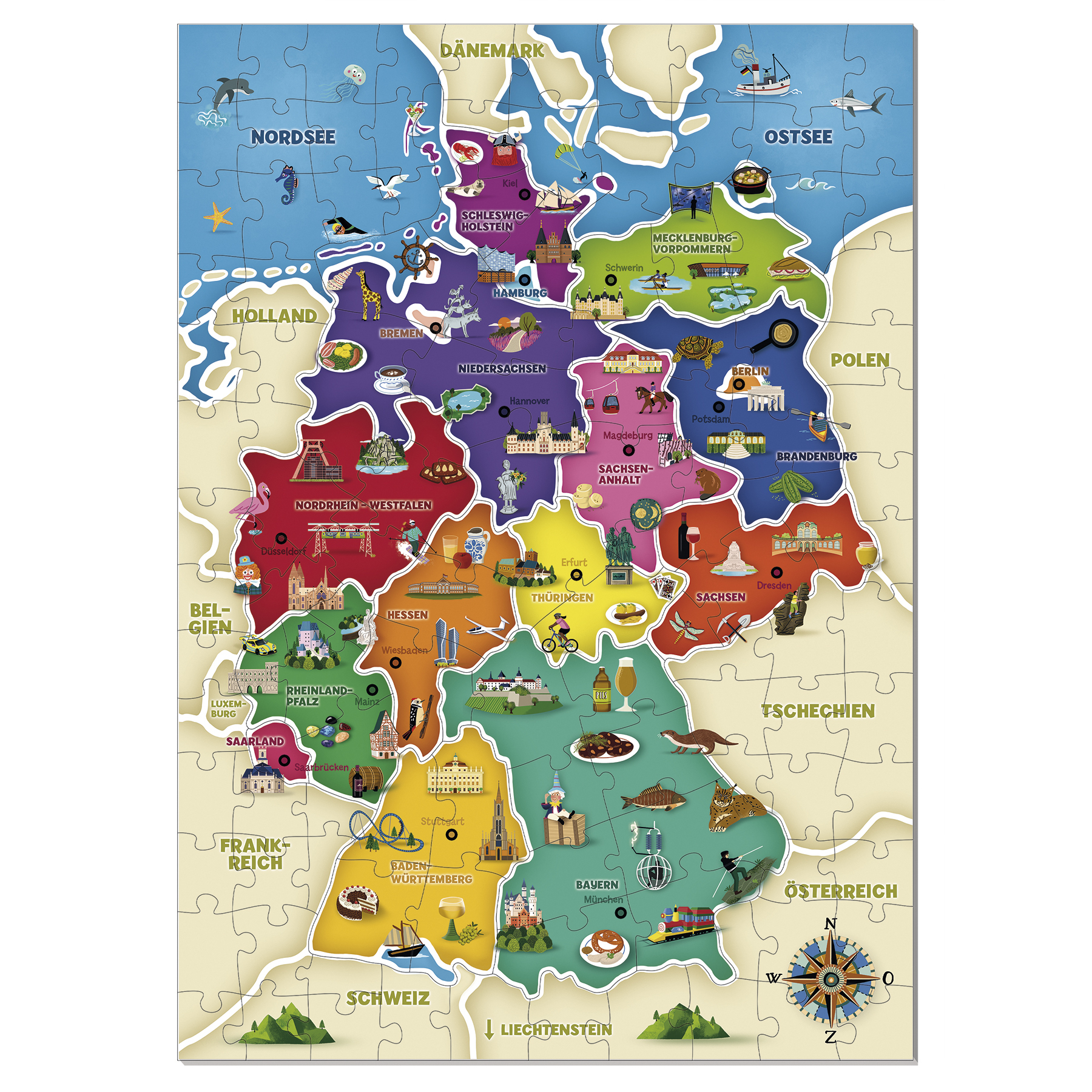 Puzzle Niemiec, z każdym stanem pokolorowanym inaczej. Mapa pokazuje zabytki i ilustracje.