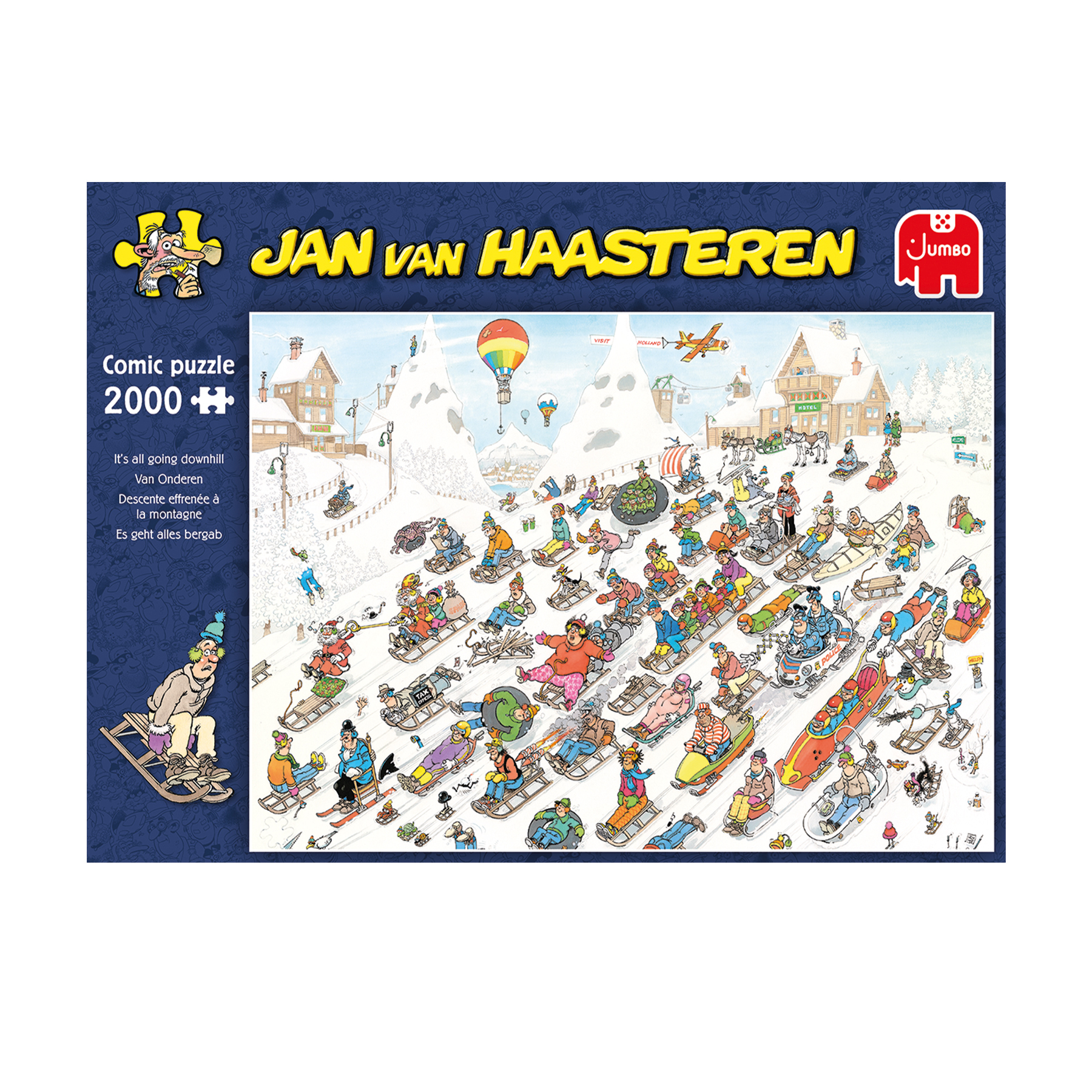 Een puzzel met een besneeuwd landschap met mensen die sleeën. Bergen, huizen en een ballon in de lucht.