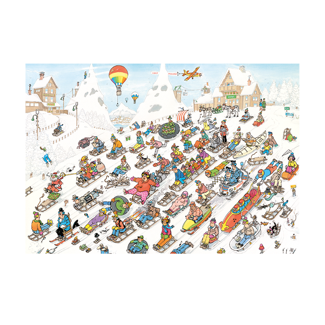 Een Jan van Haasteren puzzel die mensen afbeeldt die van een besneeuwde berg sleeën.