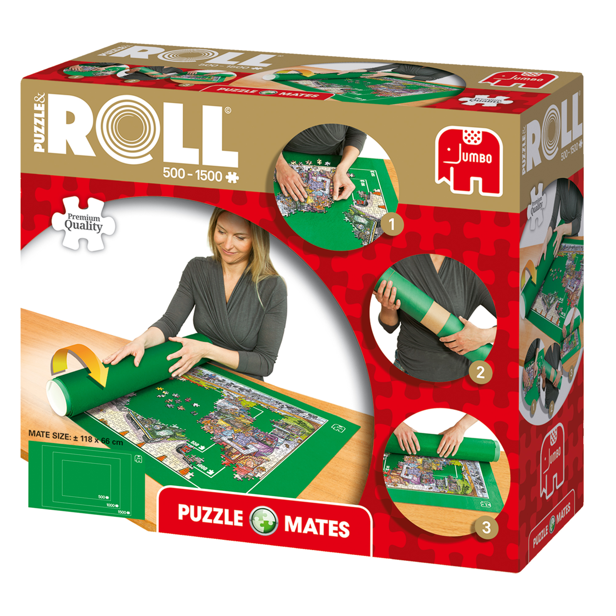 Een blonde vrouw rolt een groene puzzelmat uit op een houten tafel.
