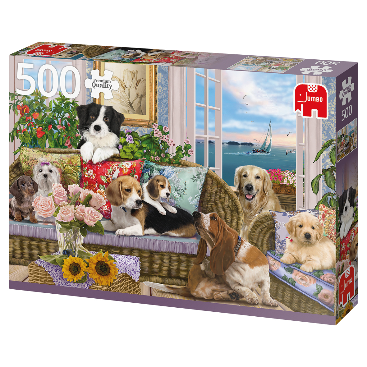 Scatola puzzle: Cani di varie razze su un divano, finestra e fiori. Sfondo: una finestra e un paesaggio.