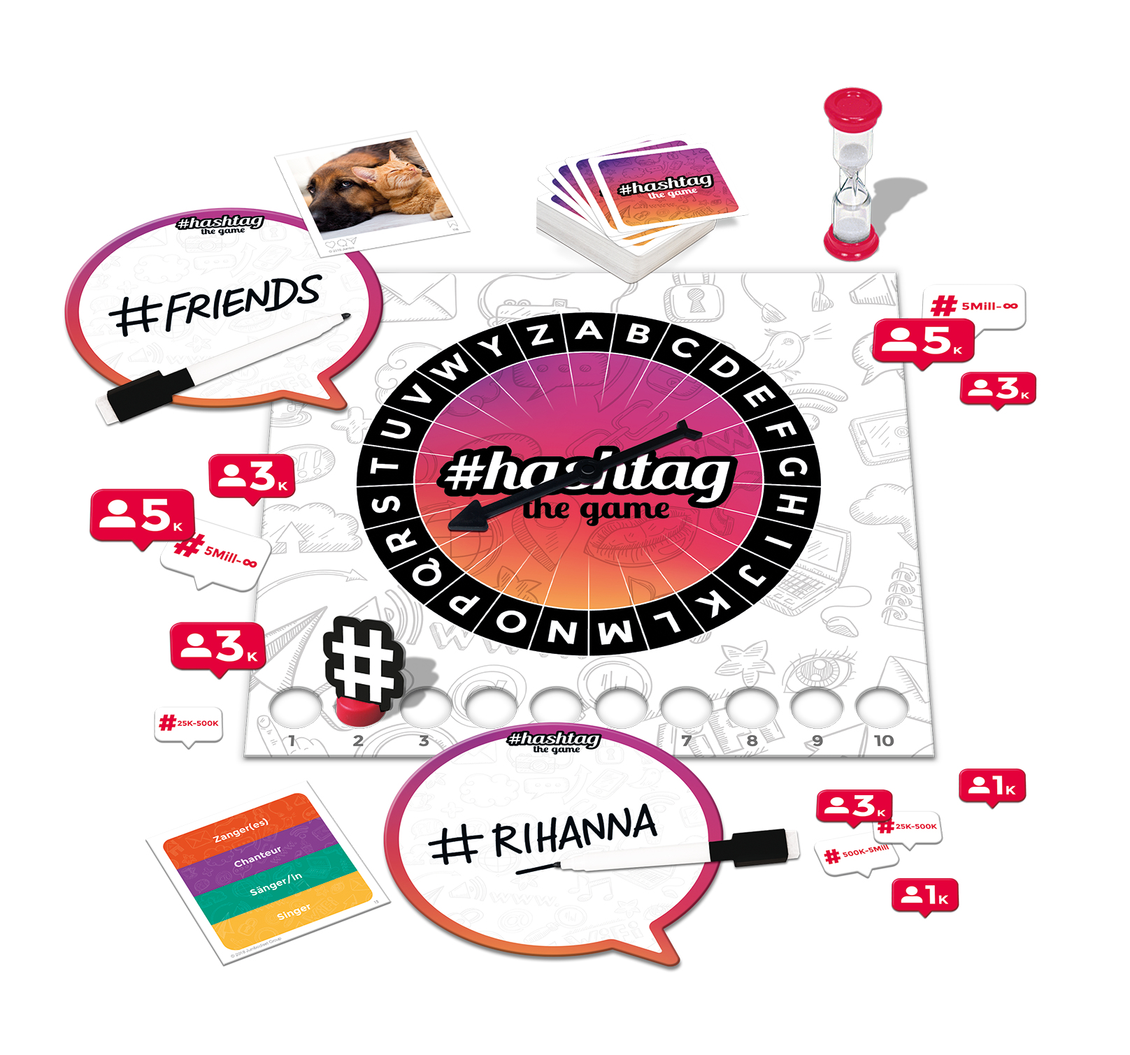 Brettspiel mit Karten, Würfeln und Timer. Das Thema des Spiels ist Social Media und Hashtags.