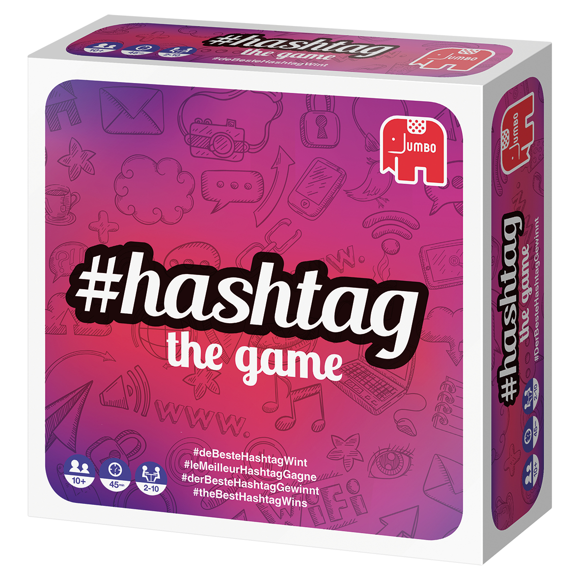 Eine Spielbox mit dem Text '#hashtag the game' in Großbuchstaben. Die Box hat verschiedene Social-Media-Symbole.