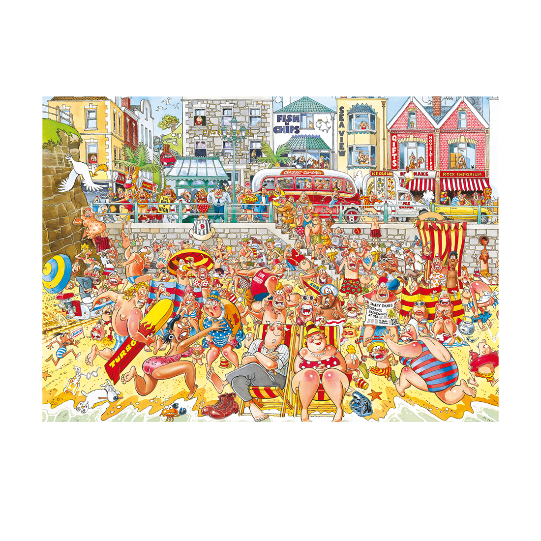 Pudełko z puzzlami: Puzzle Wasgij, High Tide! pokazuje scenę na plaży z wieloma ludźmi.