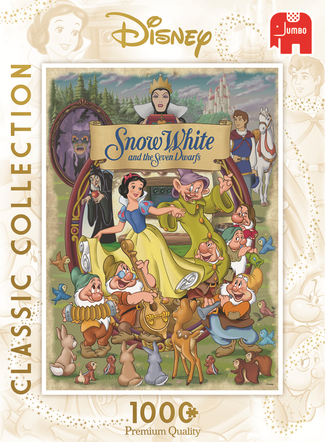Puzzle Disneya Królewna Śnieżka, z postaciami i tłem zamku.