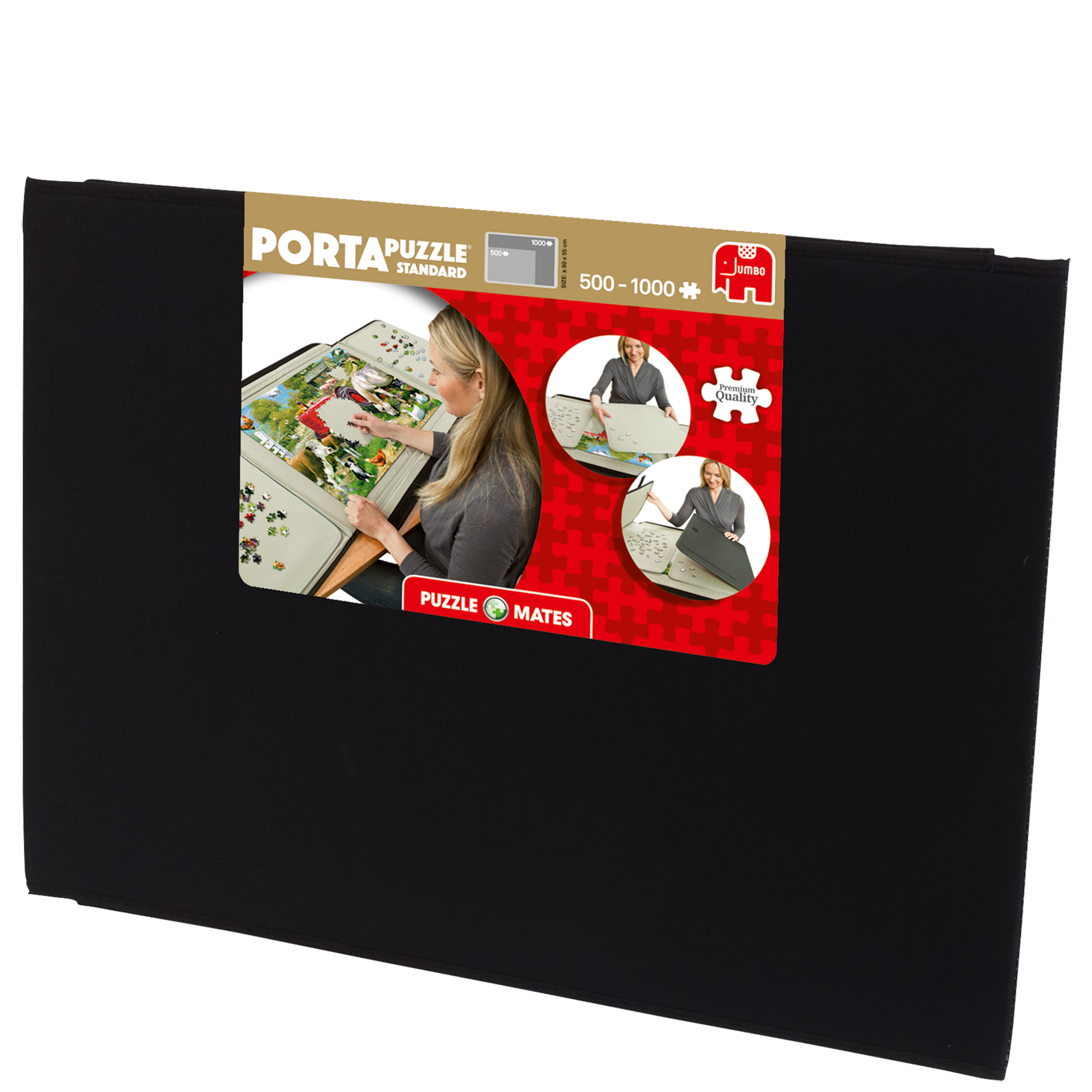 A black PortaPuzzle case. A woman assembles a puzzle. The label shows a puzzle and quality mark.