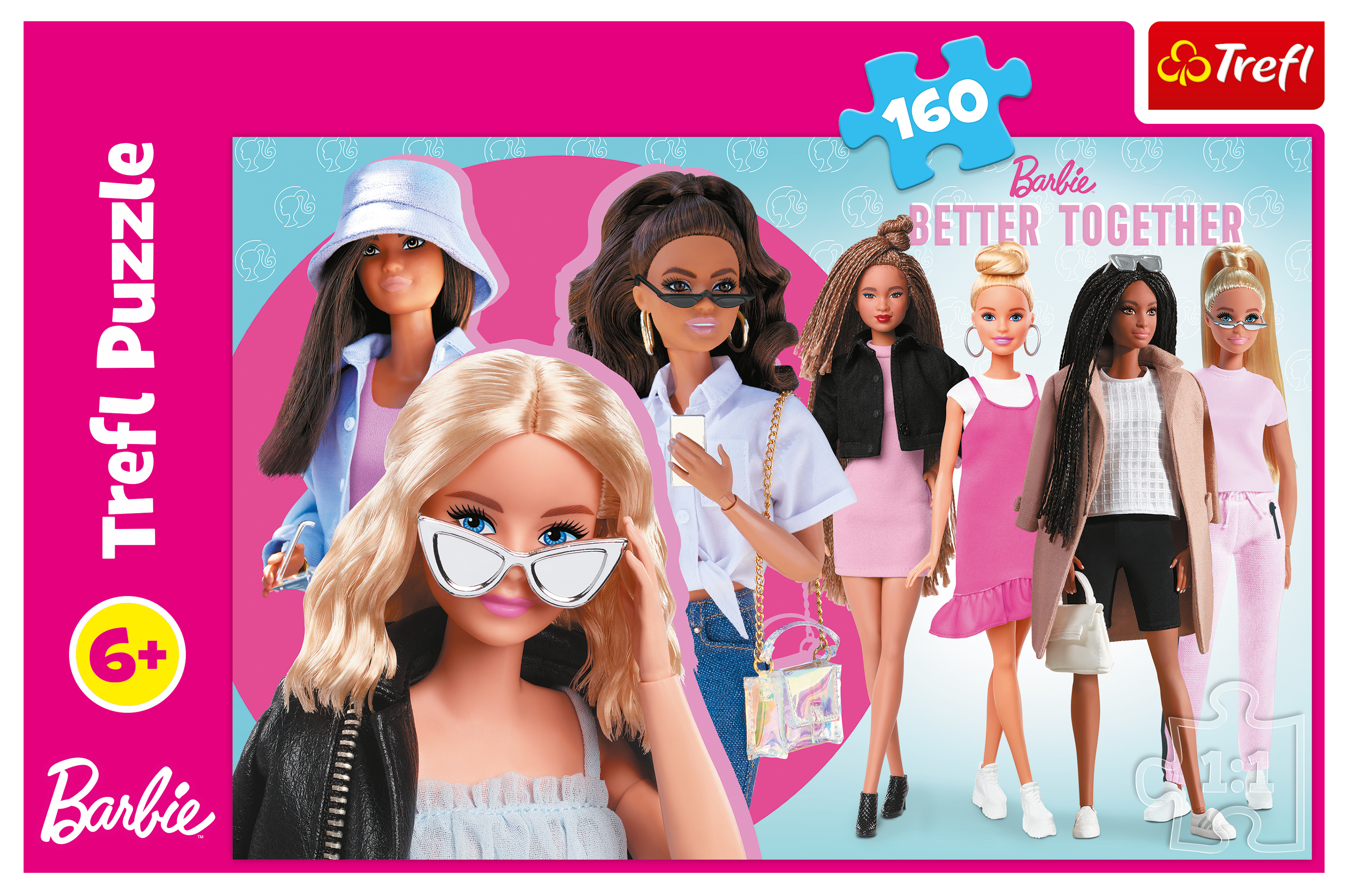 Barbie puzzle. Six Barbie dolls in stylish outfits. The puzzle has a pink and blue background.