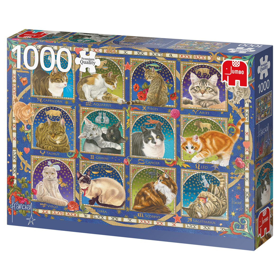 Puzzledose. Tierkreiszeichen-Katzen in verschiedenen Posen. Das Puzzle ist in einem blauen Rahmen mit Sternen und Blumen.