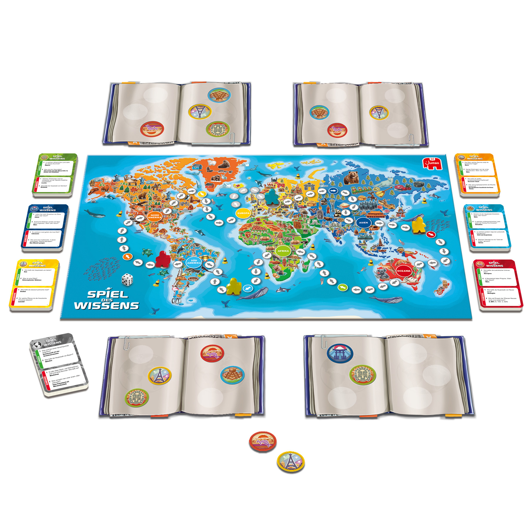 Ein Weltkarten-Brettspiel mit Büchern, Karten und Spielsteinen auf weißem Untergrund.