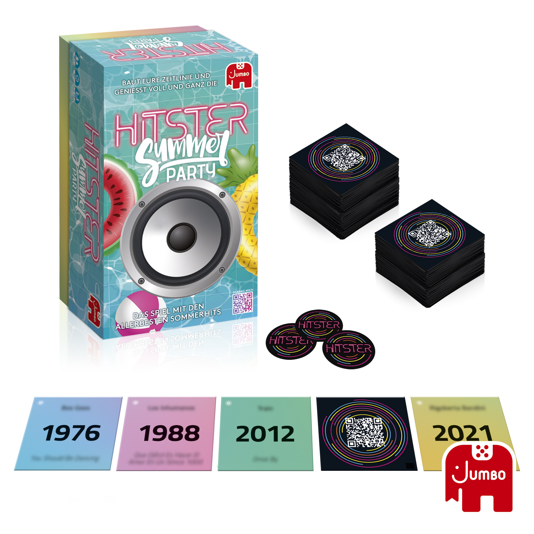 Gra planszowa w pudełku z elementami gry. Pokazane są daty 1976, 1988, 2012, 2021.