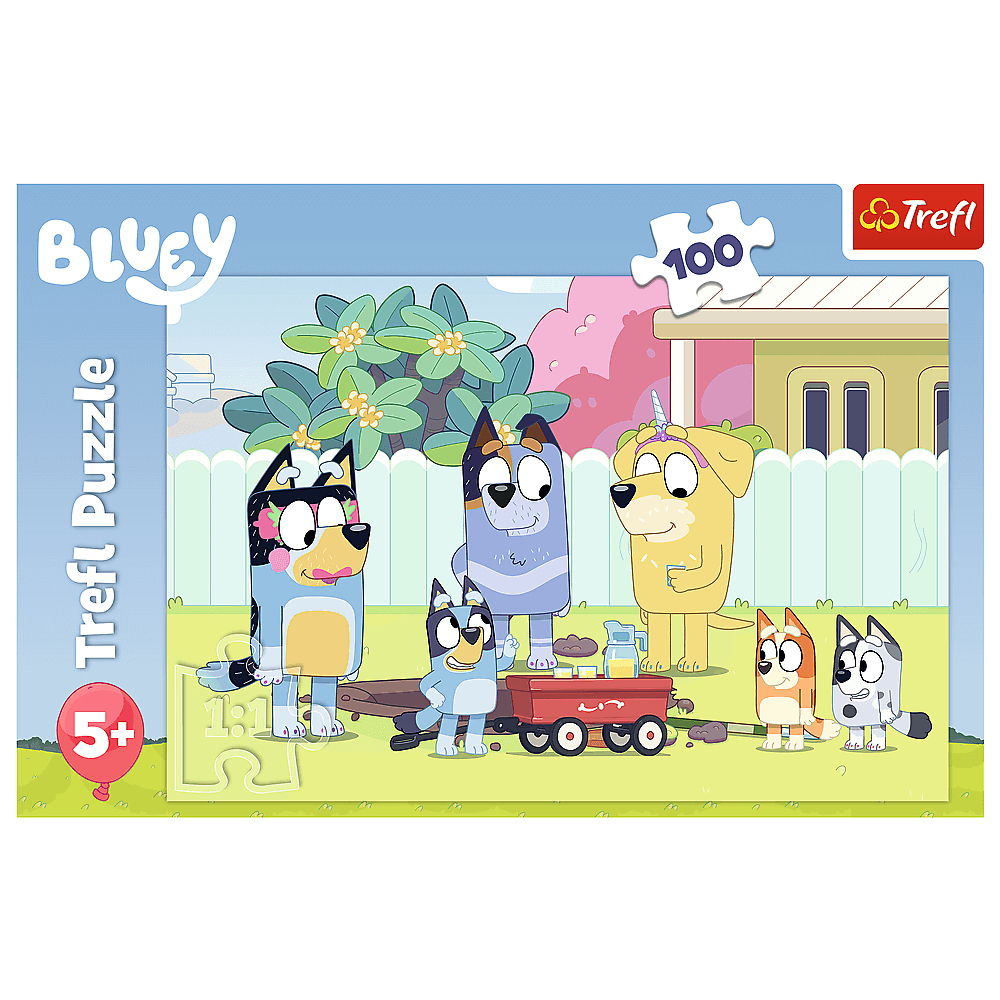 Bluey puzzle shows characters, a wagon, and a fence. The background has a house and greenery.