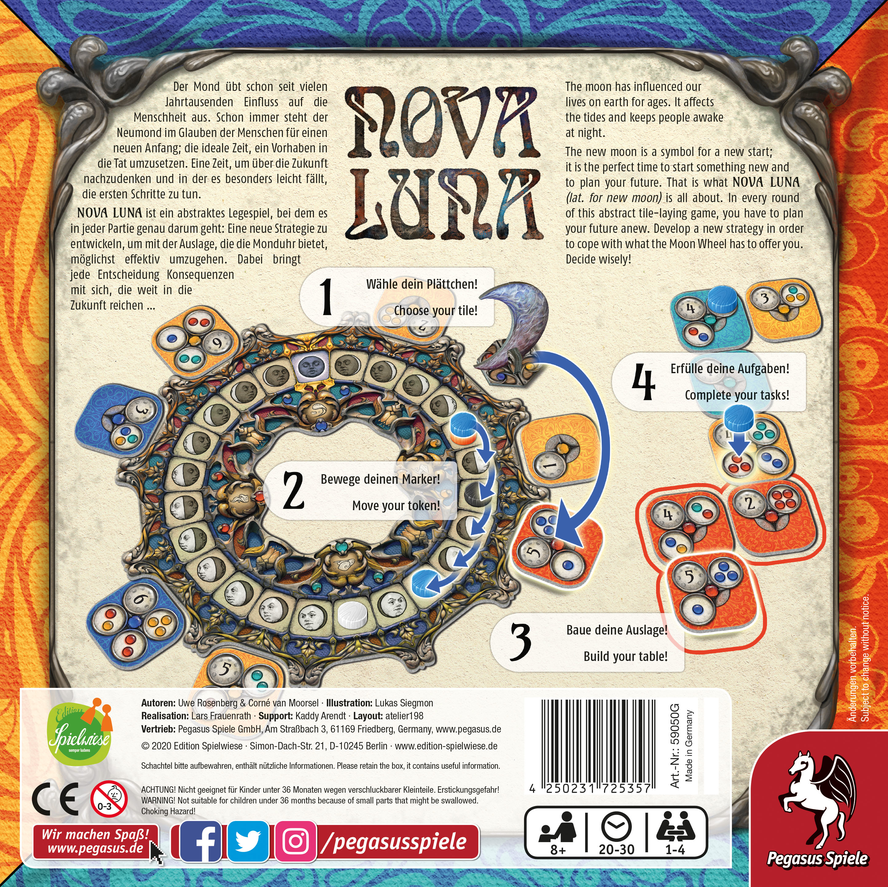Nova Luna Brettspiel. Box-Art mit Text und Bildern von Spielplättchen und Spielsteinen. Weißer Hintergrund.