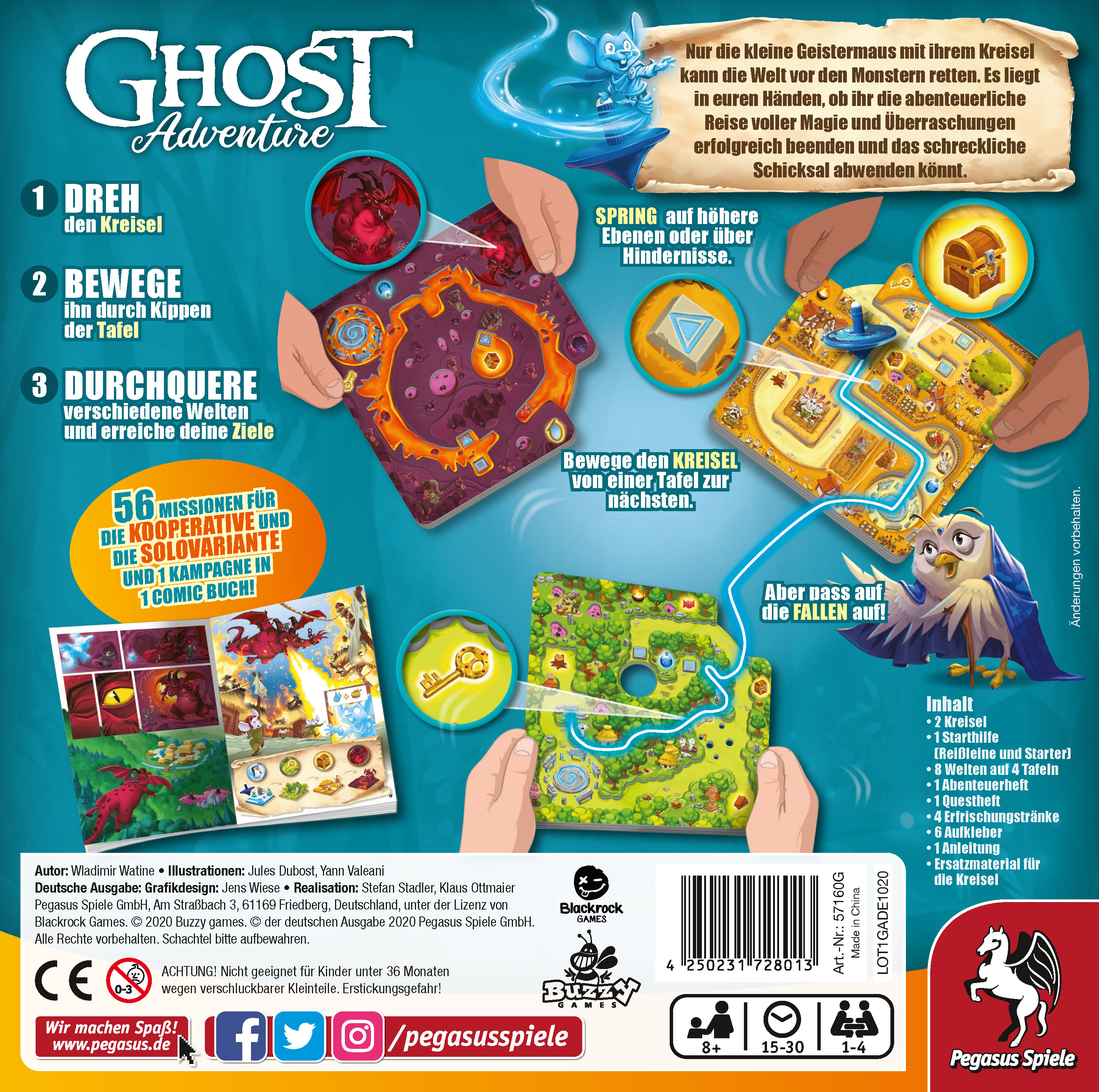 Rückseite der Brettspielbox mit Spielplanbildern, Anweisungen und einer Cartoon-Eule, weißer Hintergrund.