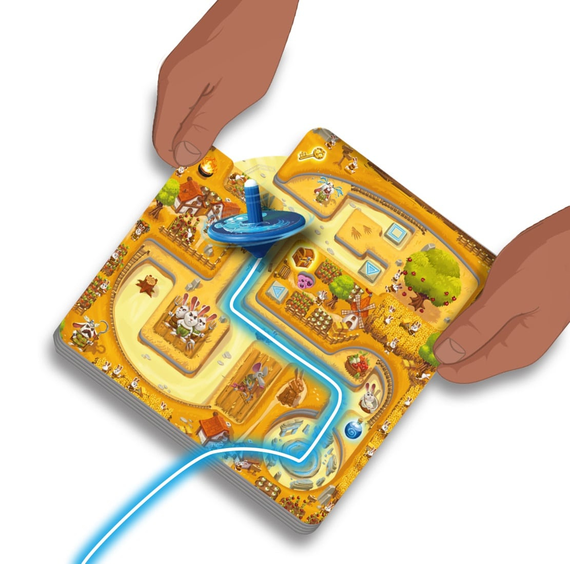 Spielbrett mit Labyrinth, zwei Hände halten es und ein blauer Pfad in einer Spielszene.