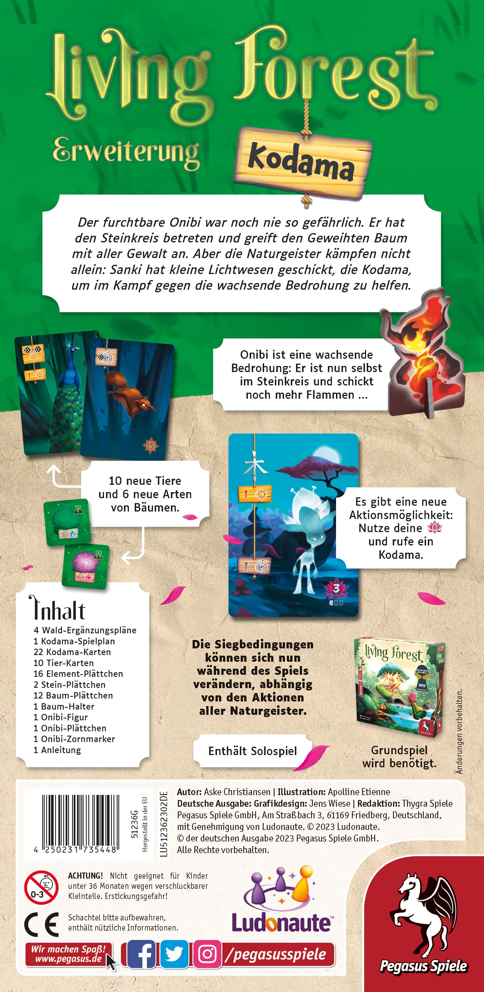 Pudełko rozszerzenia Living Forest Kodama z elementami gry i obrazami lasu.