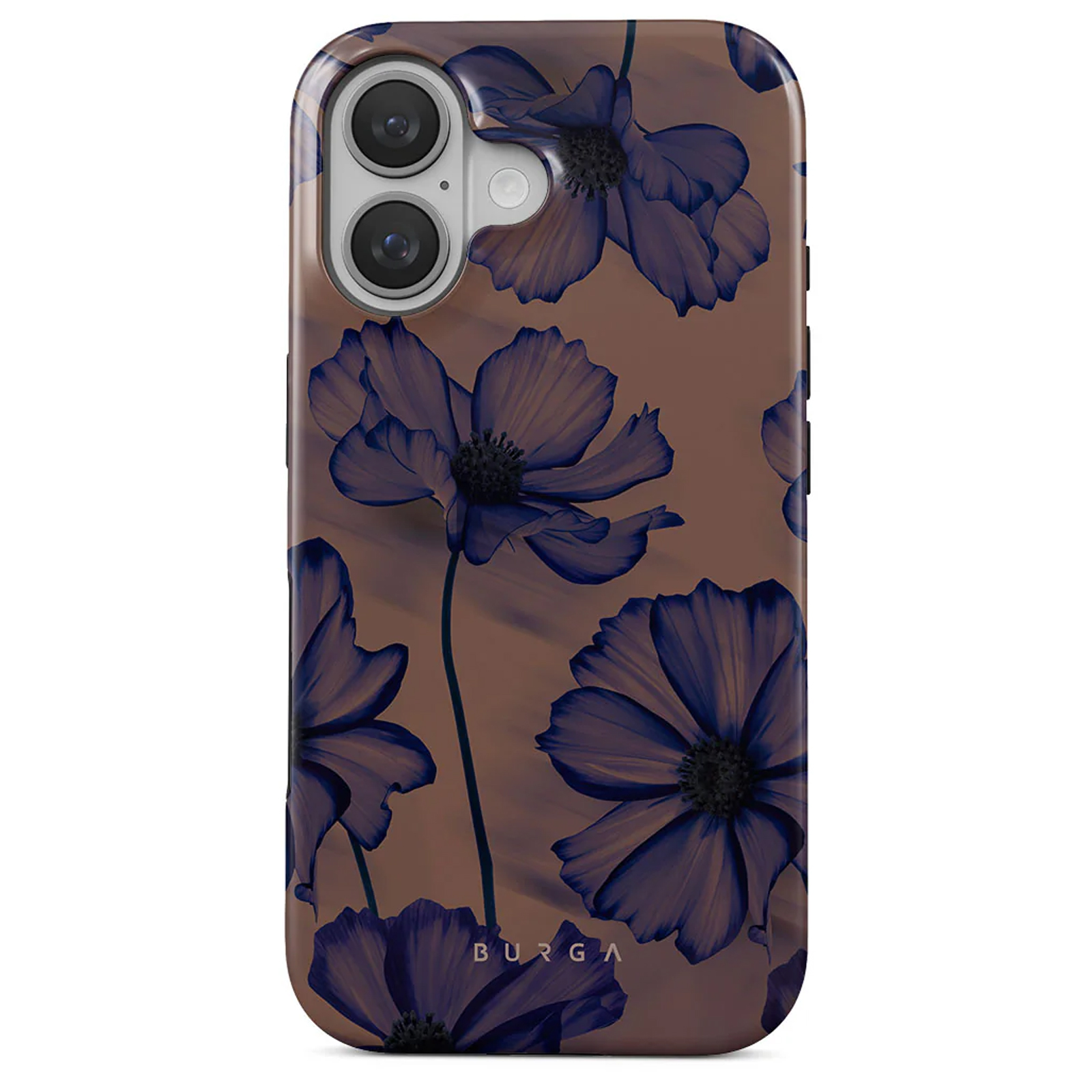 Coque de téléphone avec motif floral bleu sur fond marron.