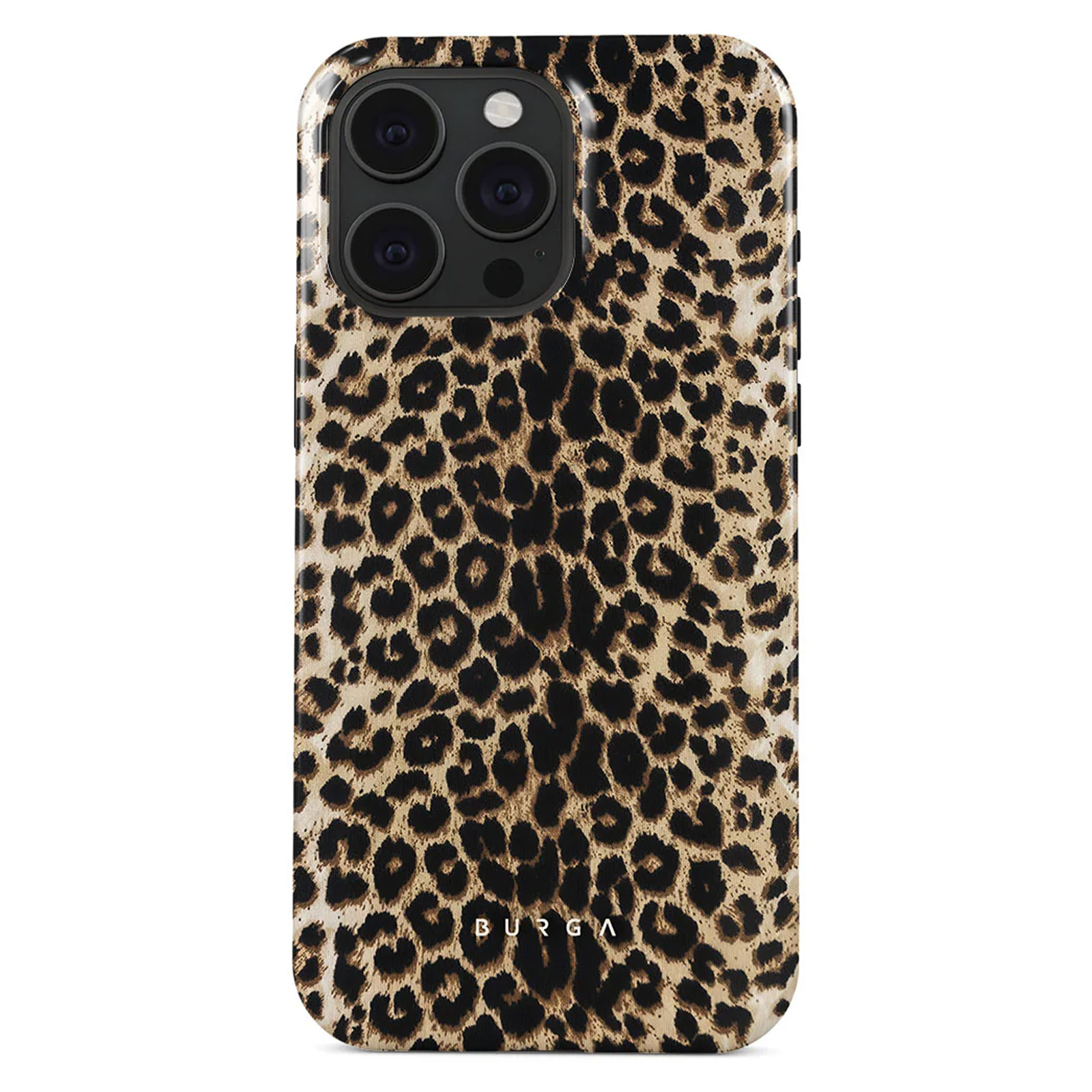 Coque de téléphone à imprimé léopard, finition brillante, lentilles de caméra noires, logo BURGA.