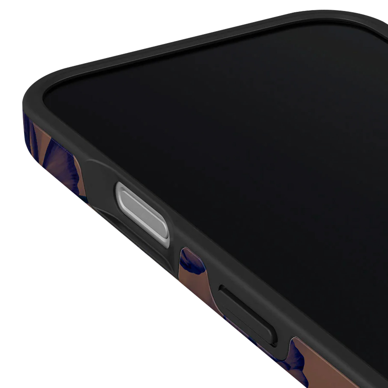 Coin d'étui de téléphone avec cadre noir et motif bleu/marron. Écran noir.
