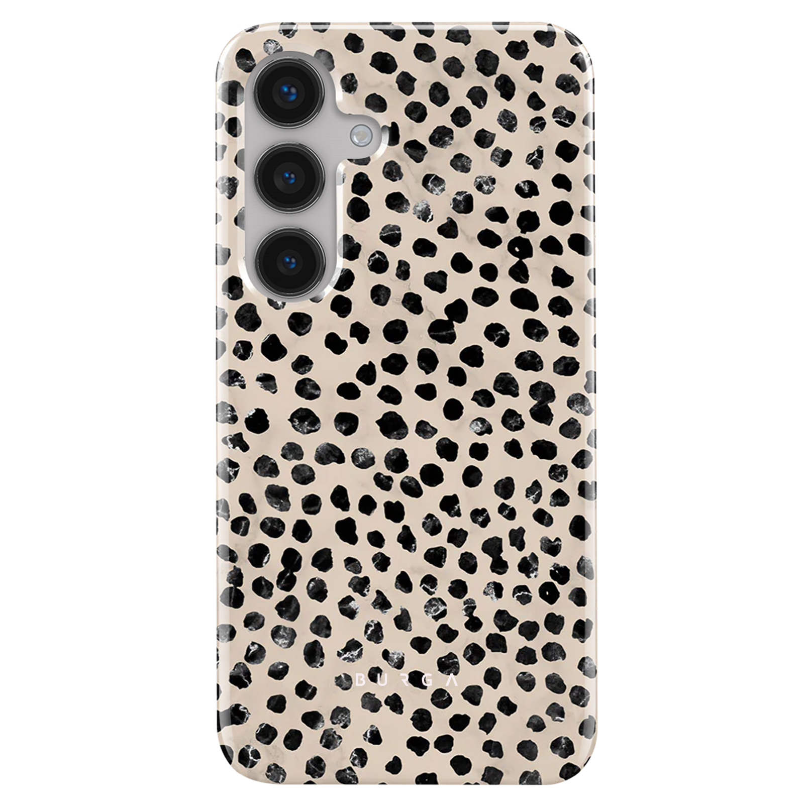 Custodia per telefono con punti astratti bianchi e neri. La custodia ha tre lenti della fotocamera.