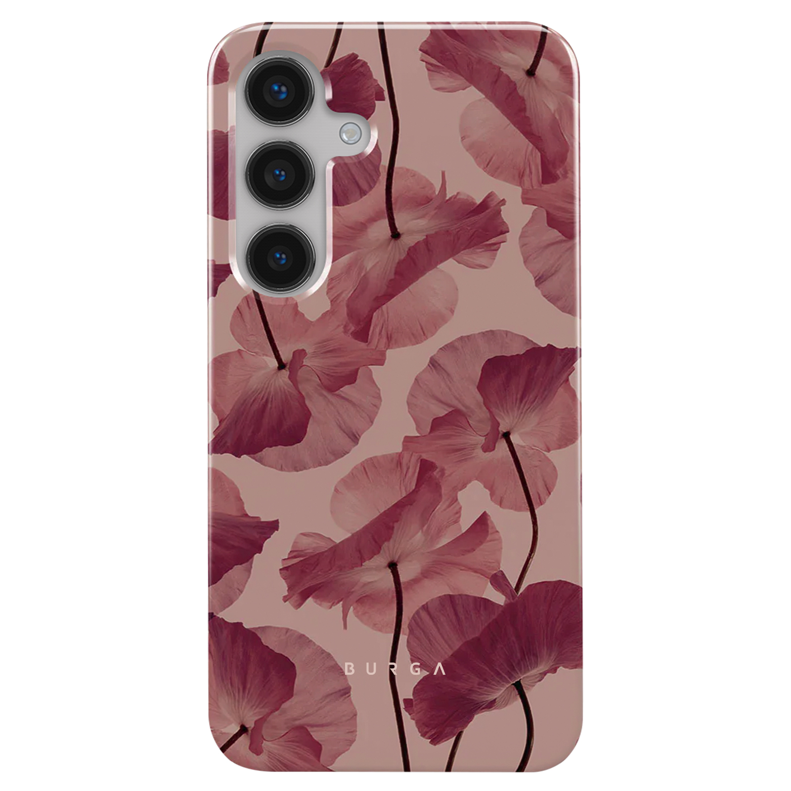 Handyhülle mit Blumen. Rosa Hintergrund und Blumen in verschiedenen Rosatönen.