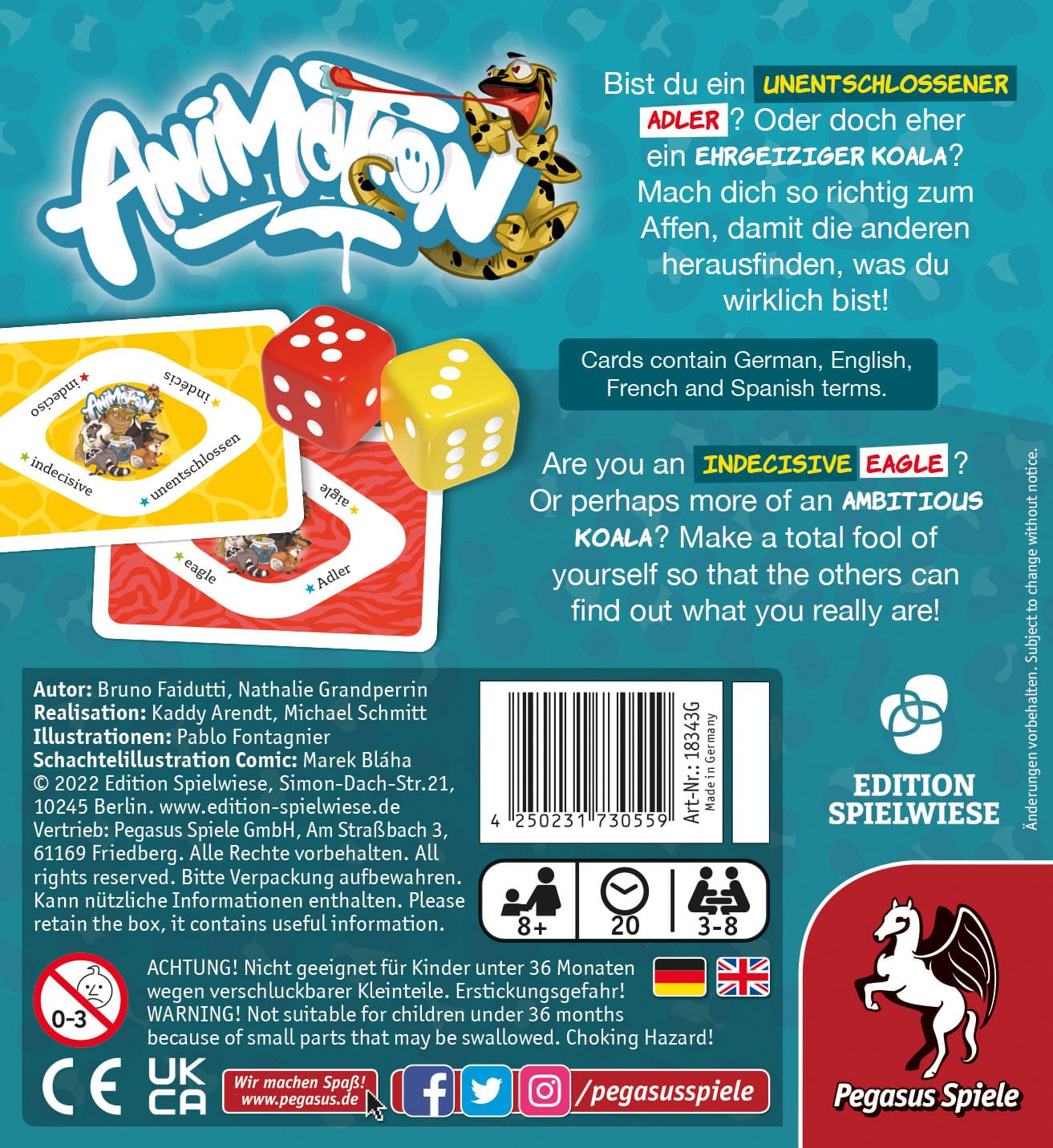 Spielbox mit Würfeln und Karten. Text auf Deutsch, Englisch, Französisch, Spanisch. Ein unentschlossener Adler ist vorne.