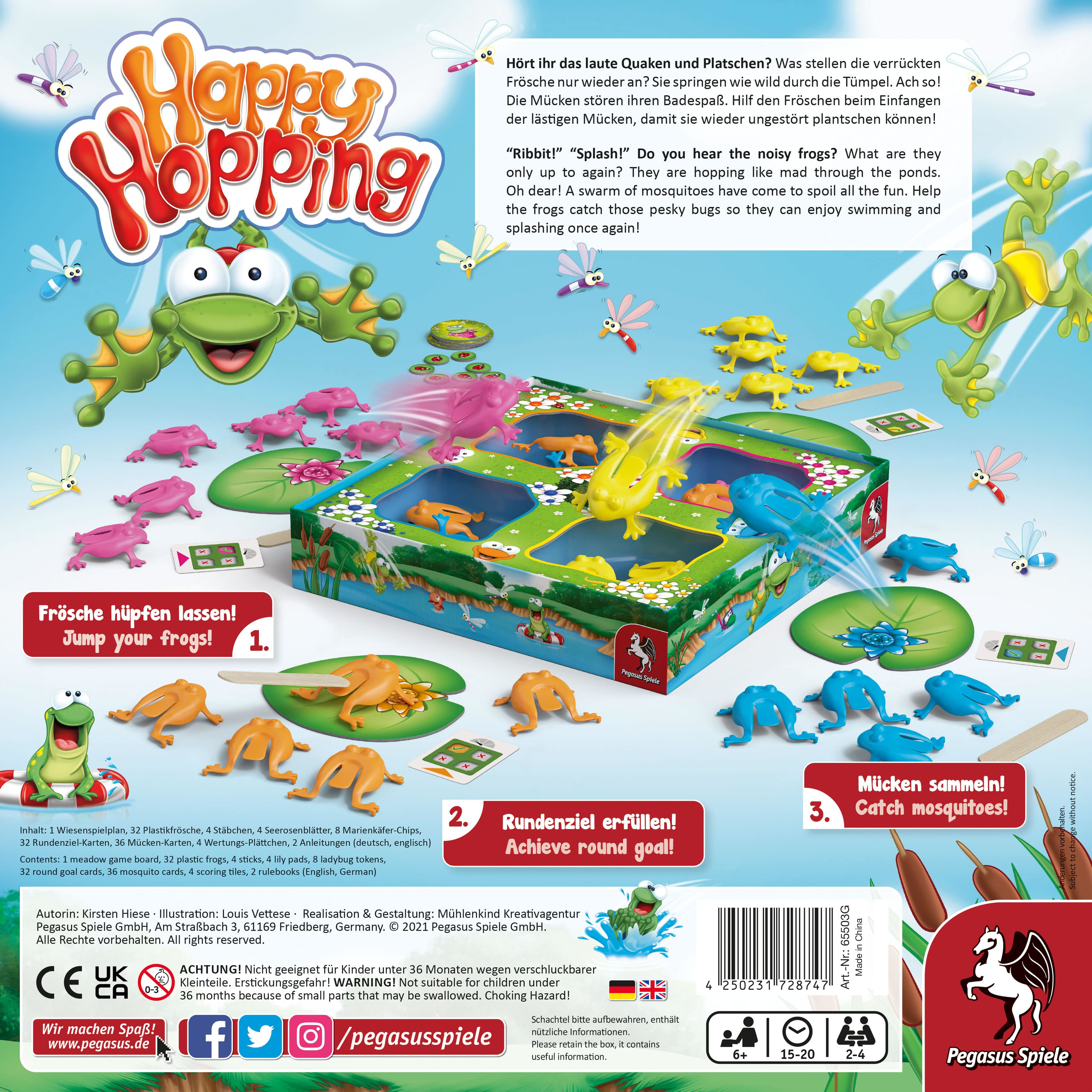 Ein Brettspiel mit bunten Fröschen, die auf Seerosenblättern springen, ein lustiges Familienspiel.
